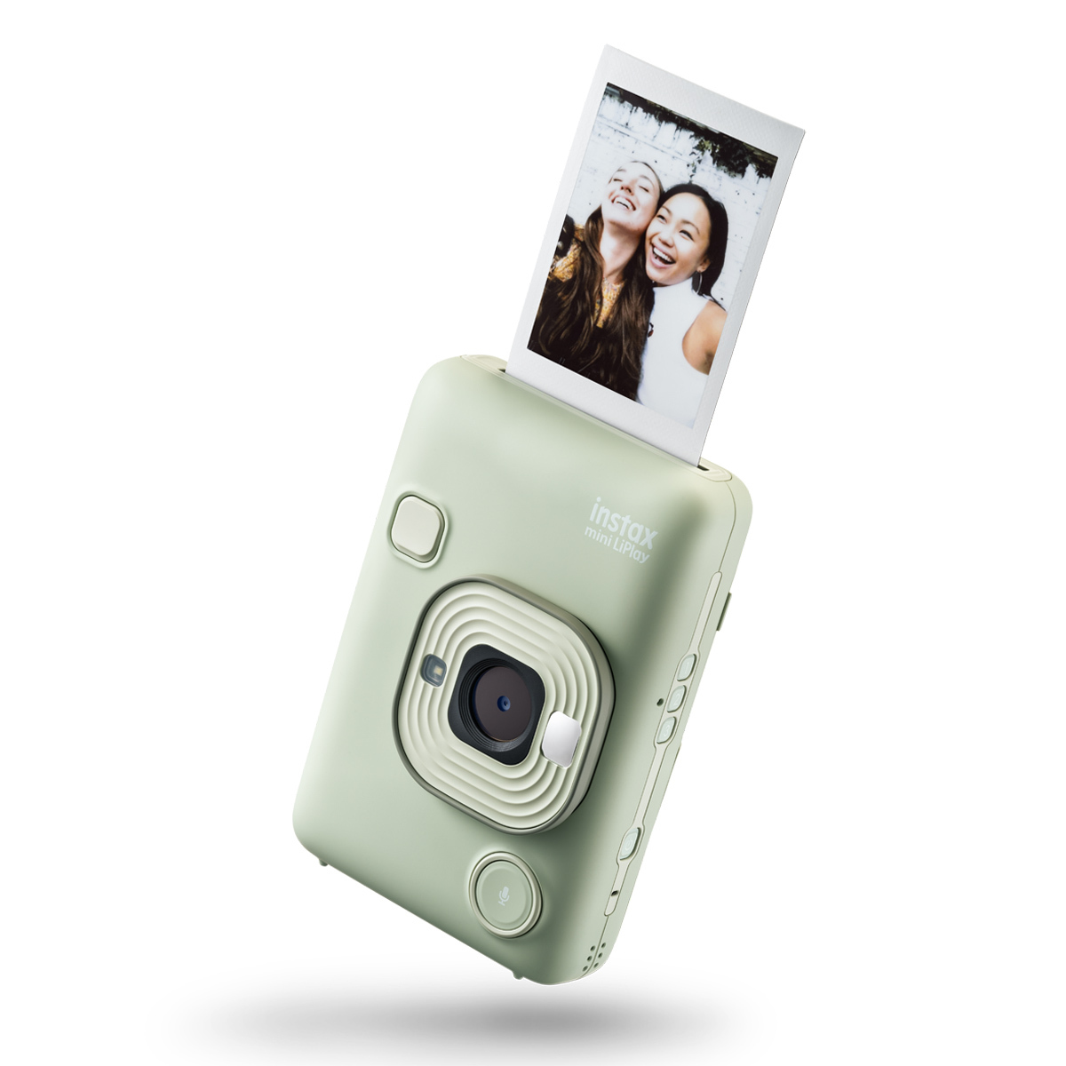 Fujifilm Instax Mini LiPlay Matcha Green – Frontansicht mit ausgegebenem Sofortbild aus dem Drucker