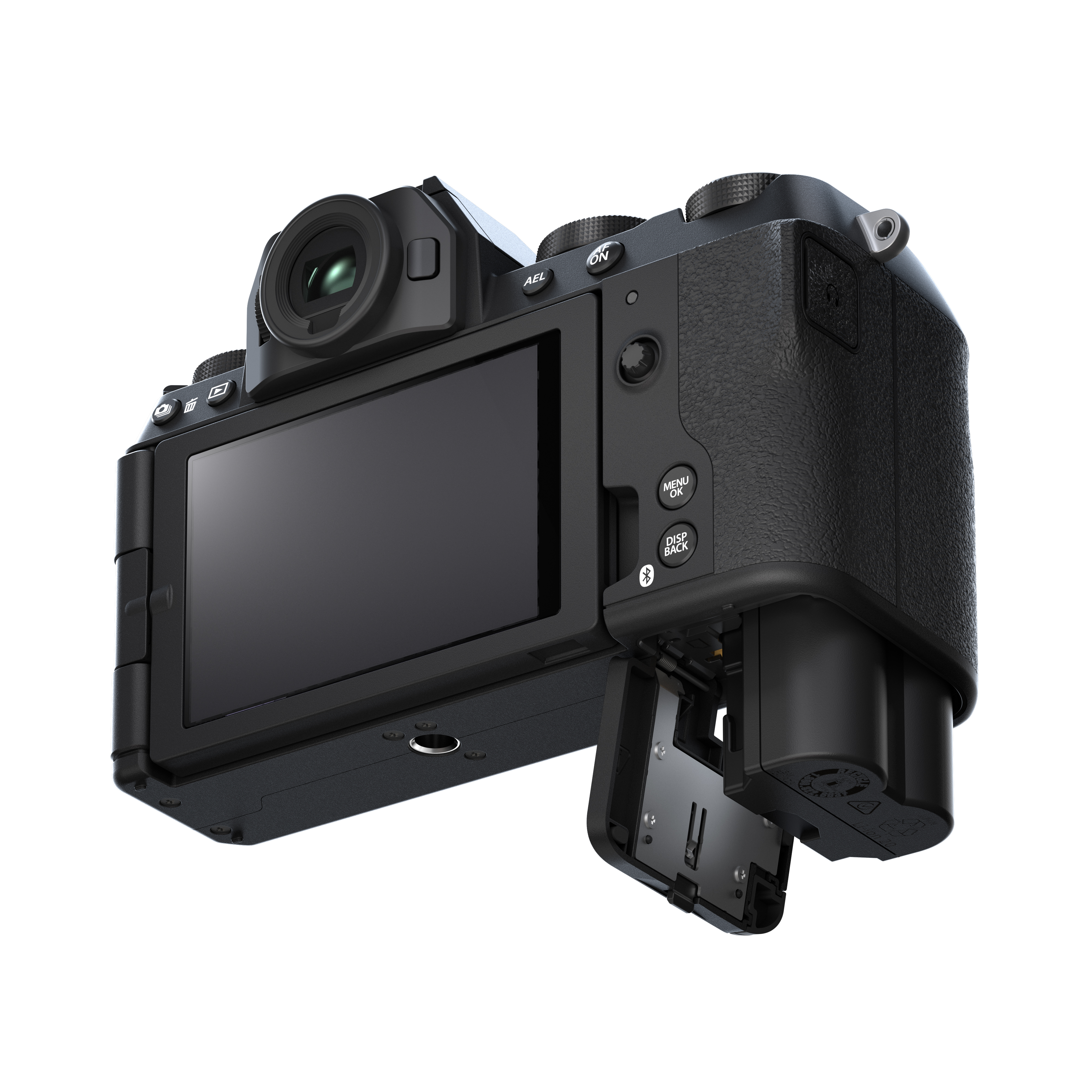 Schräge Unteransicht der Fujifilm X-S20 mit geöffnetem Akkufach und klappbarem Display