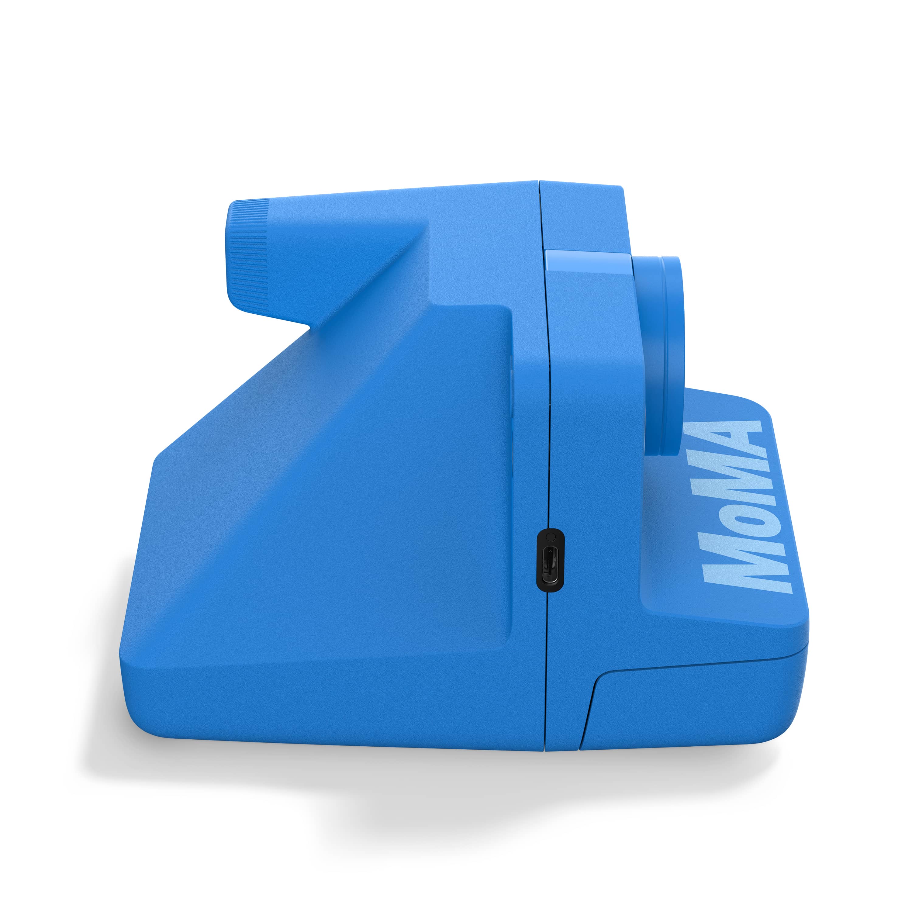 Polaroid Now Generation 3 MoMA Edition – Seitenansicht der Sofortbildkamera mit blauem Gehäuse