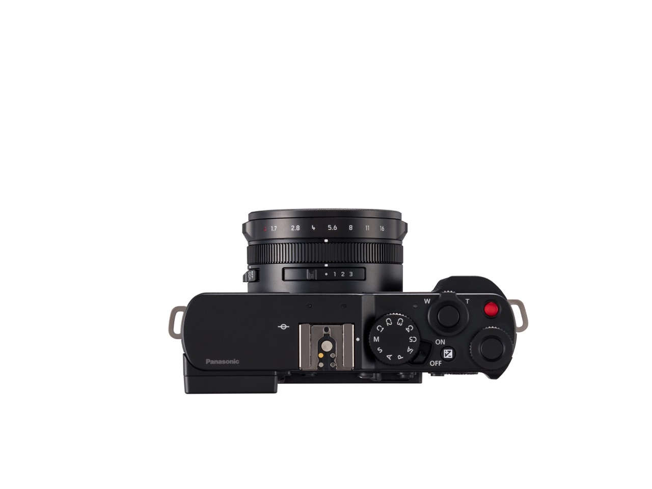 Panasonic Lumix L10 in Schwarz aus Draufsicht mit Bedienelementen und Objektiv