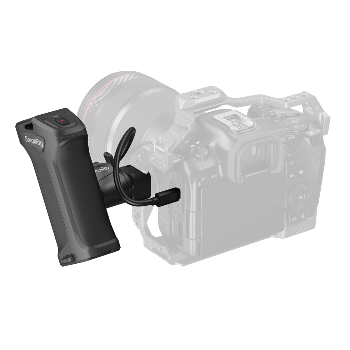 SmallRig 5235 Seitenhandgriff mit REC-Taste – Rückansicht mit Kabelanschluss und Befestigung am Kameracage