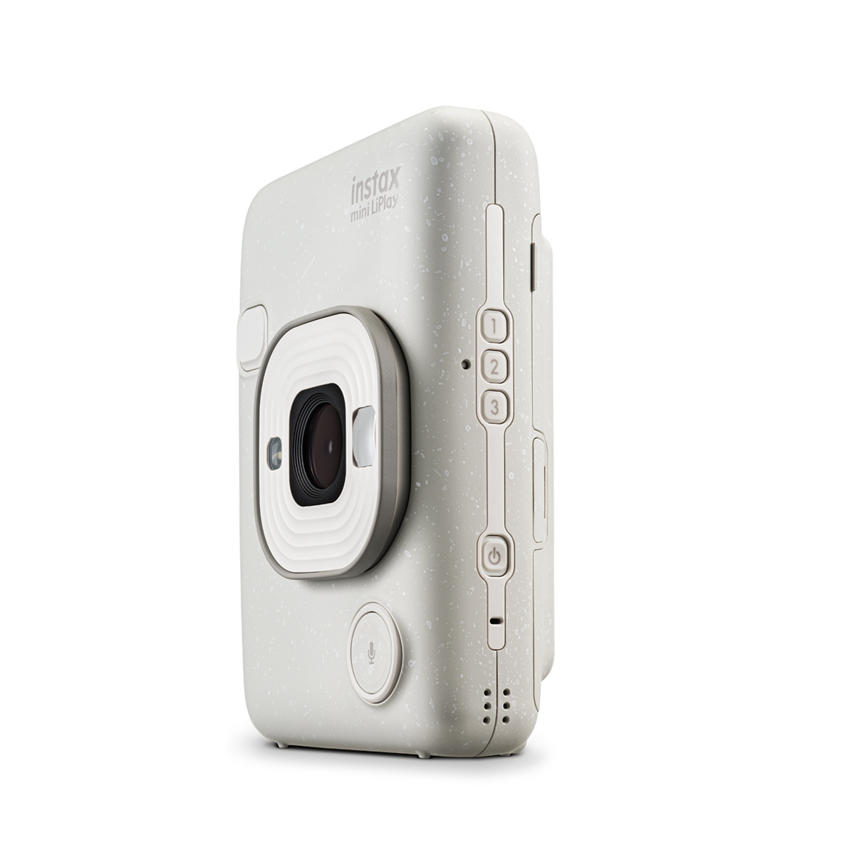 Fujifilm Instax Mini LiPlay Misty White – Seitenansicht mit Funktionstasten und Gehäusedetails