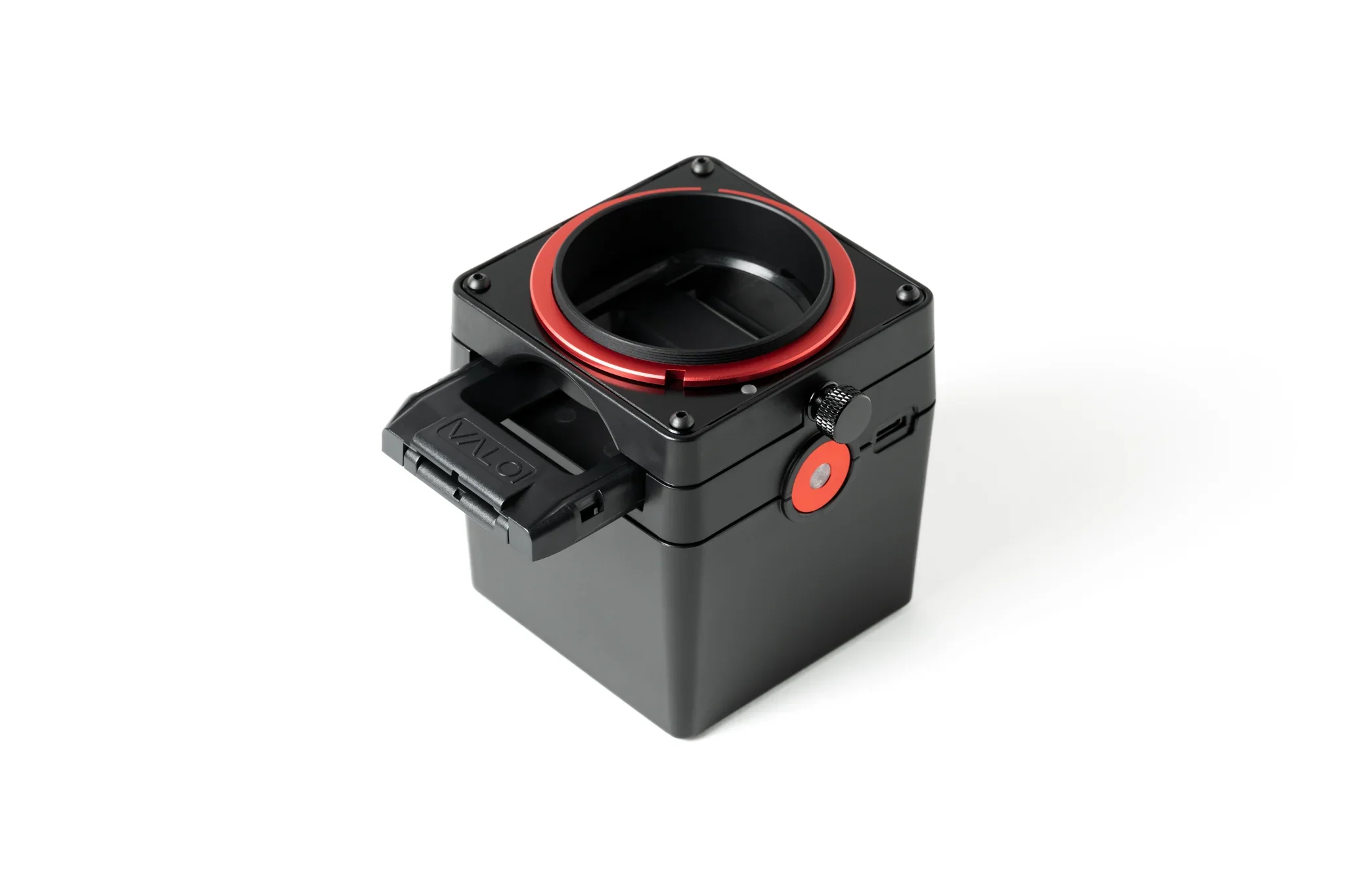 VALOI easy35 v2 Upgrade Kit in schräger Ansicht mit eingesetztem Filmhalter und Adapterring.