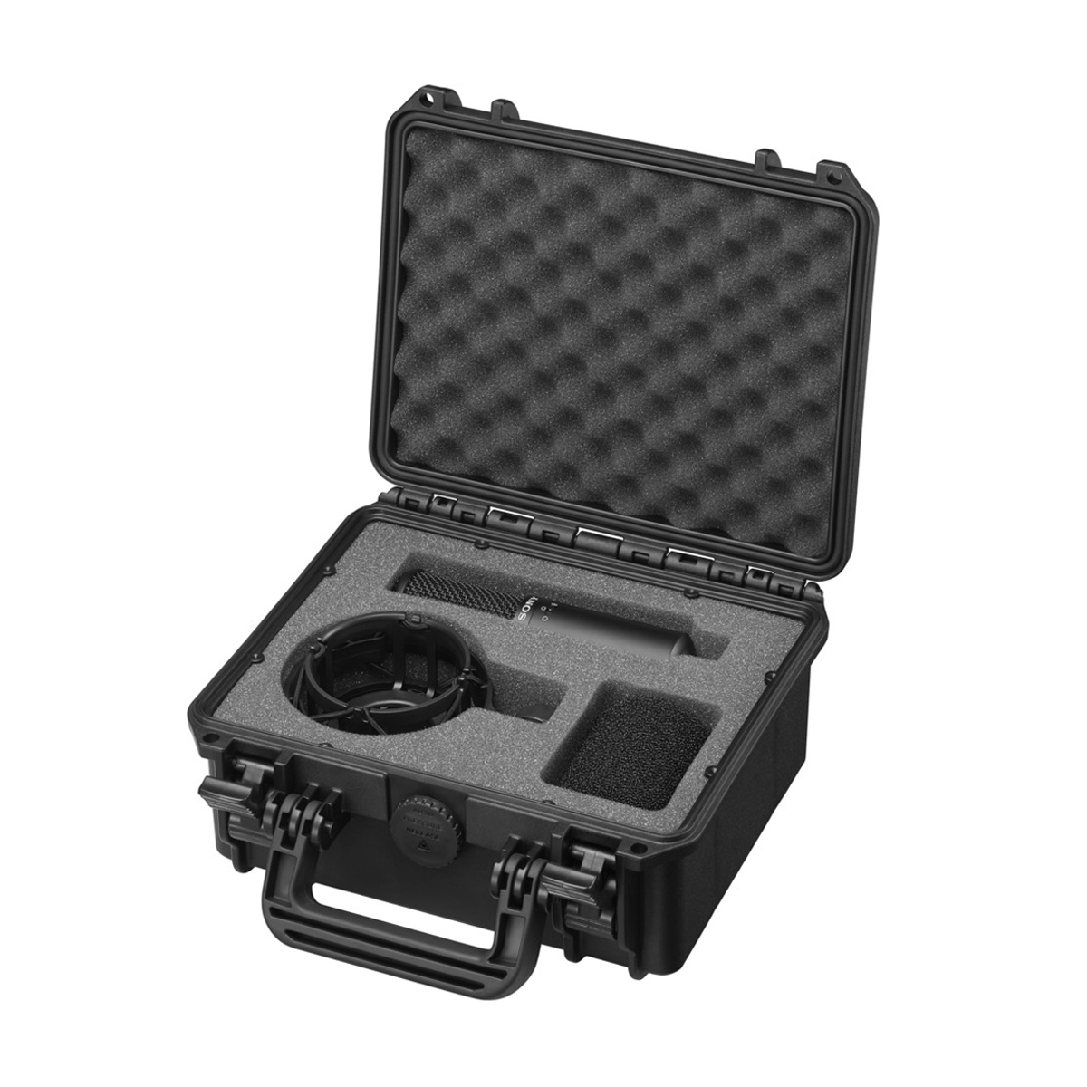 Geöffneter Transportkoffer des Sony C-100 mit Mikrofon, Halterung und Zubehörfächern