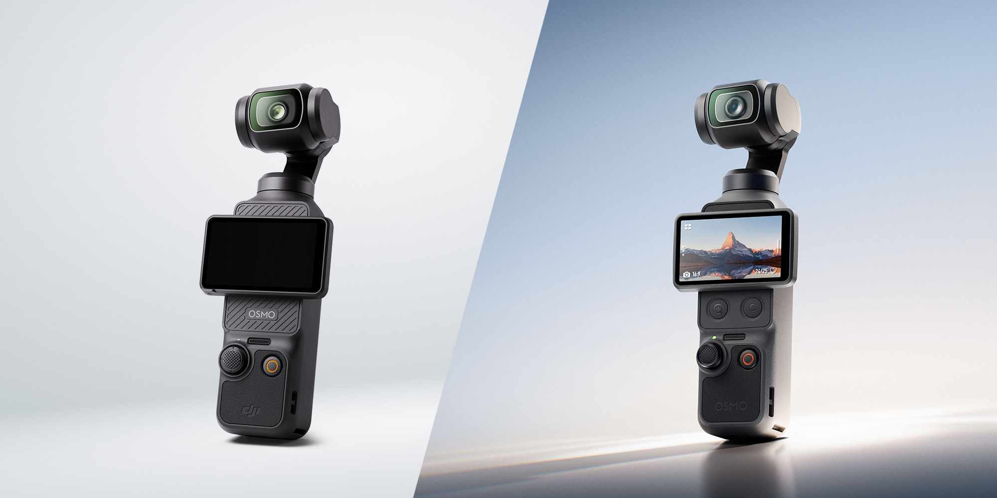 DJI Osmo Pocket 3 und 4 im Vergleich, Vorderansicht beider Kameras mit Display und Gimbal-Modul