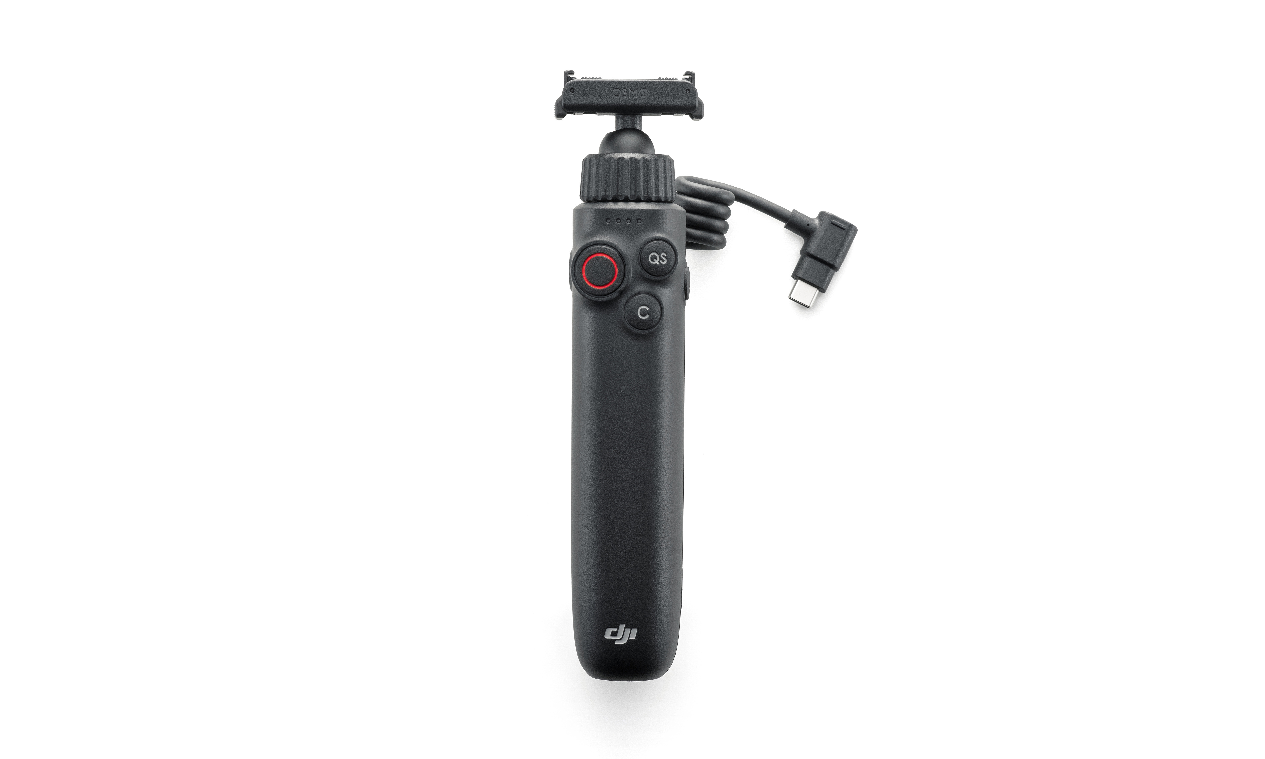 Osmo Action Dual-Direction Akkugriff DJI Osmo Action 6 Control Grip – Frontansicht des Steuergriffs mit Tastenfeld und seitlich geführtem USB-C-Kabel