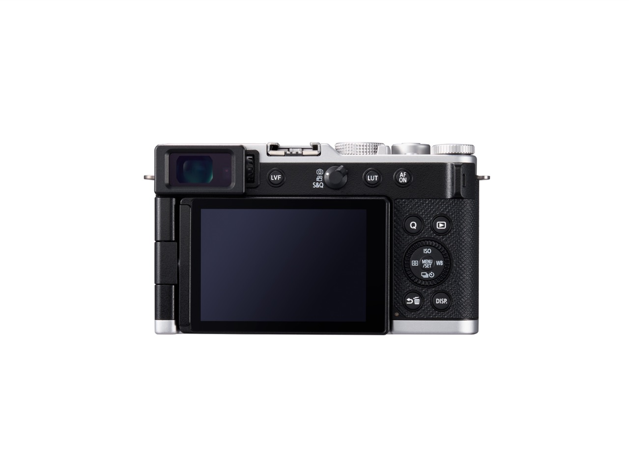Panasonic Lumix L10 in Silber – Rückseite mit Display, Sucher und Bedienelementen