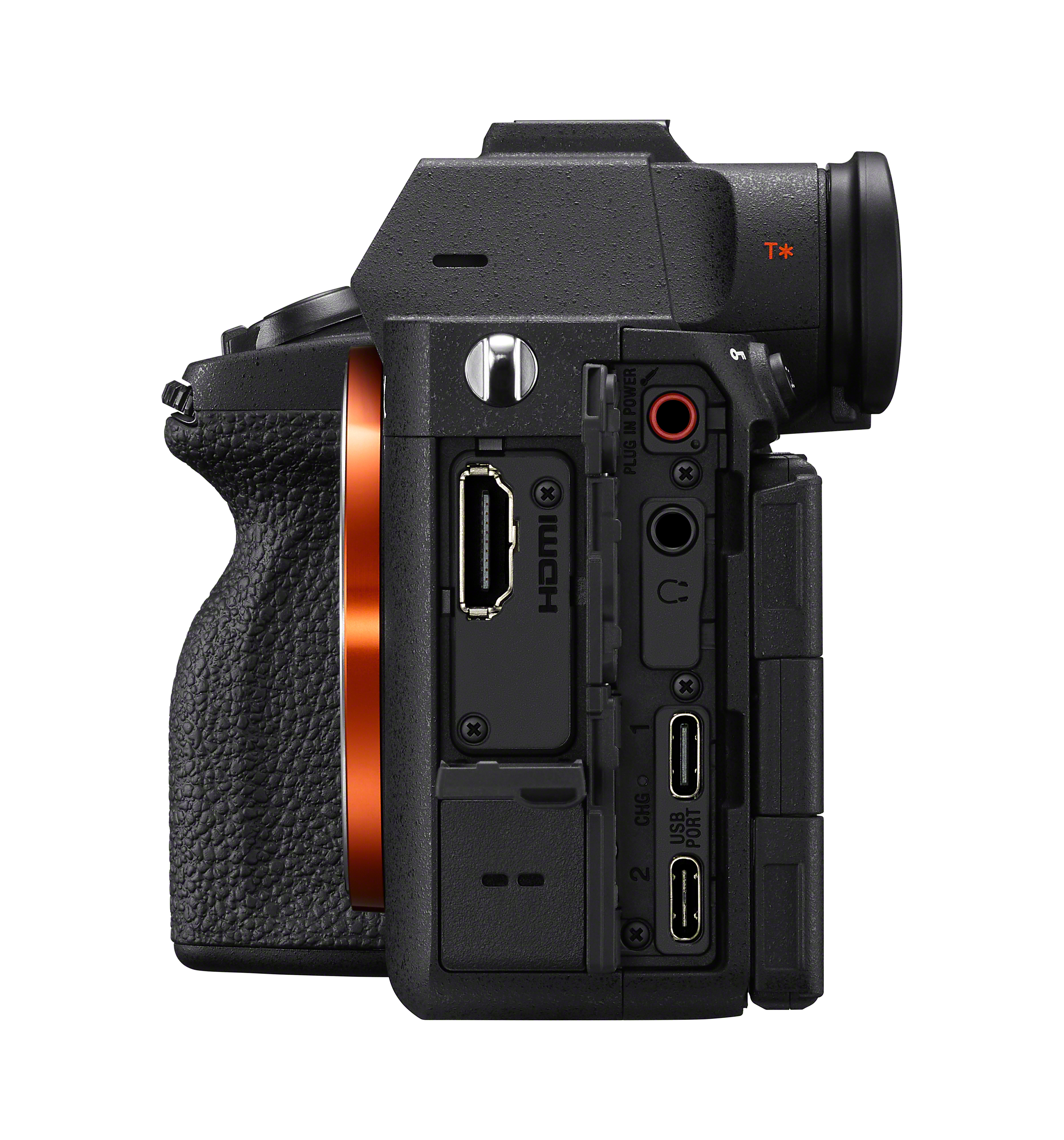 Alpha 7 V Gehäuse Sony Alpha 7 V – rechte Seitenansicht mit geöffneten Schnittstellenabdeckungen und sichtbaren Anschlüssen