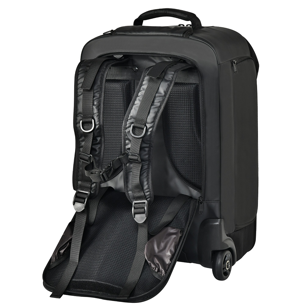 Eirmai Falcon Serie FT10 44L Kamera-Trolley in Schwarz, Rückseite mit gepolsterten Schultergurten und Tragesystem