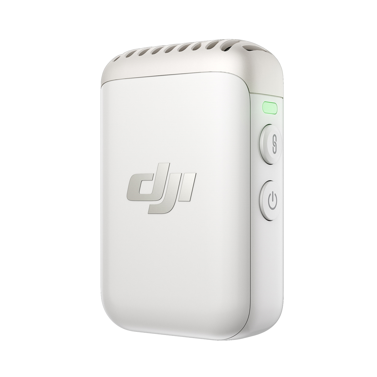 DJI Mic 2 Sender in Pearl White mit Tasten und Statusanzeige auf der rechten Seite des kompakten Mikrofons