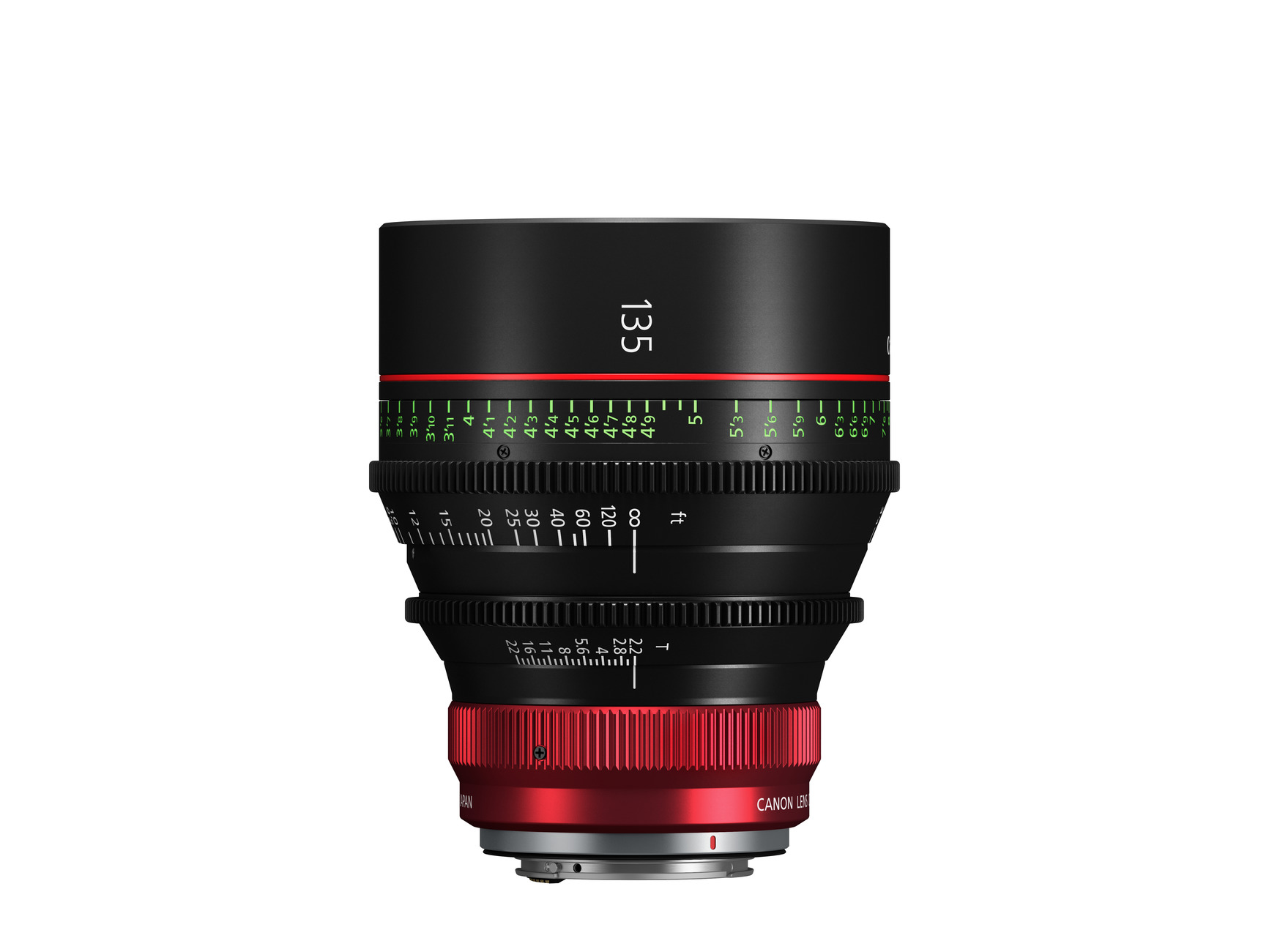 CCanon CN-R 135mm T2.2 L F Cine-Objektiv in Seitenansicht mit Fokus-, Blendenring und RF-Bajonett
