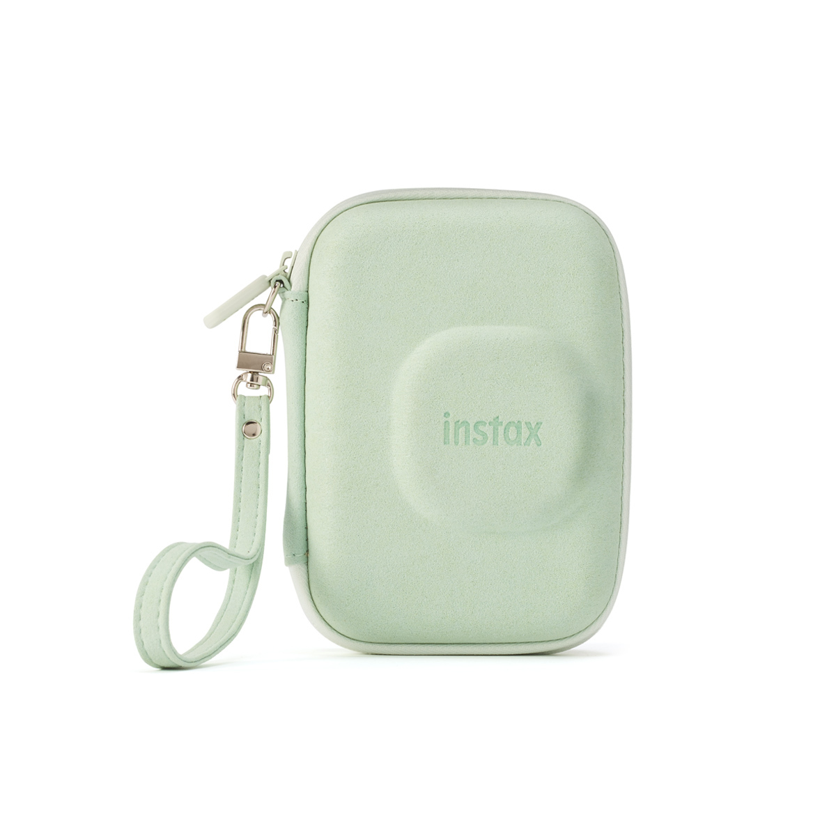 Fujifilm Instax Mini LiPlay Case Matcha Green – Vorderansicht der Schutzhülle mit Reißverschluss und Handschlaufe