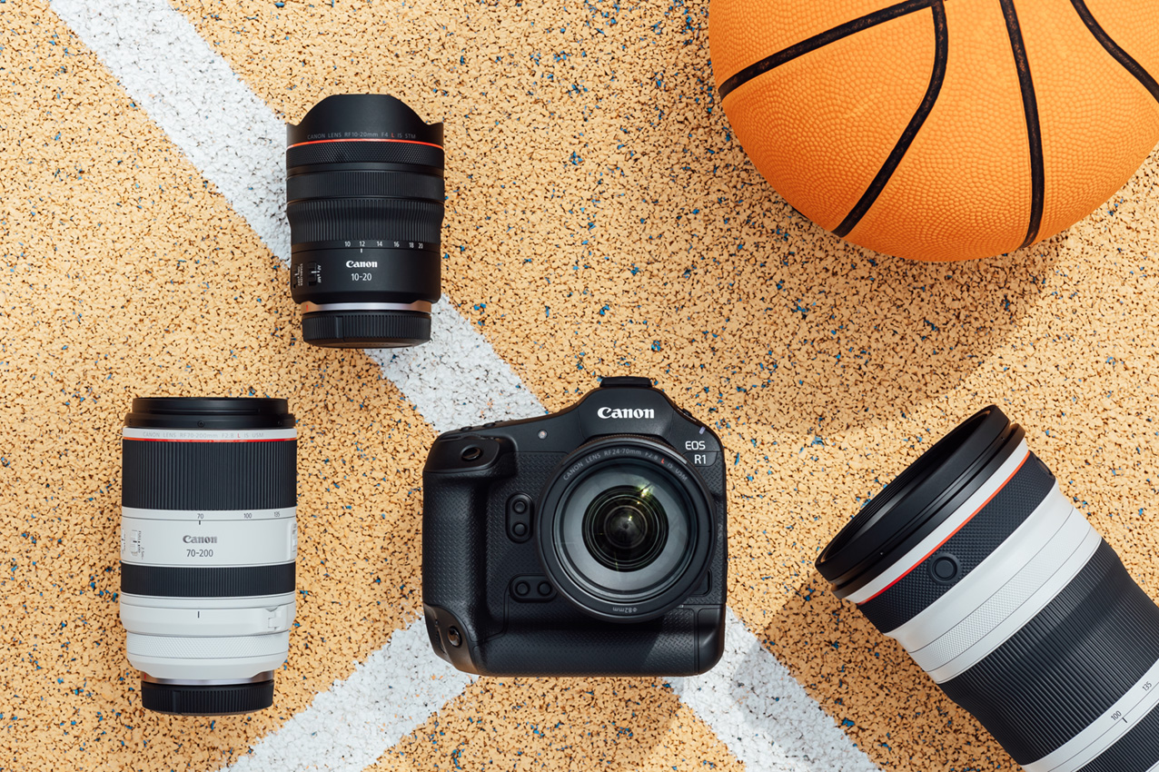 Canon EOS R1 mit RF-Objektiven und Basketball als Setup für professionelle Sportfotografie
