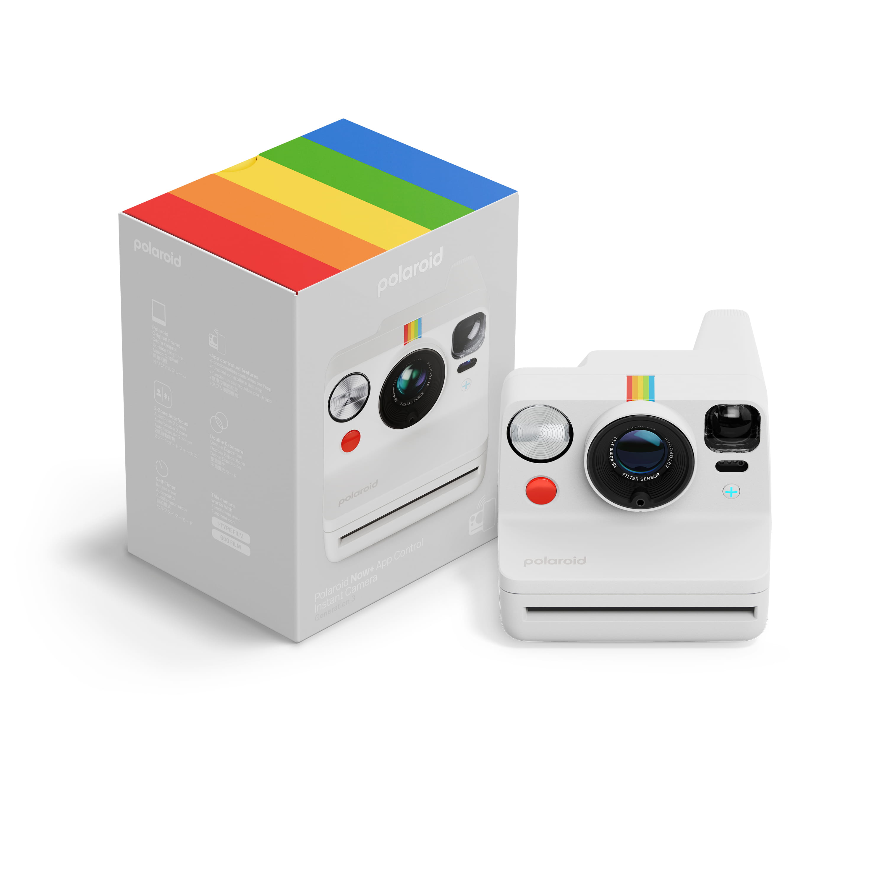 Polaroid Now Gen 3 Plus weiß – Kamera mit Verpackung, Produktbox mit farbigem Streifen oben