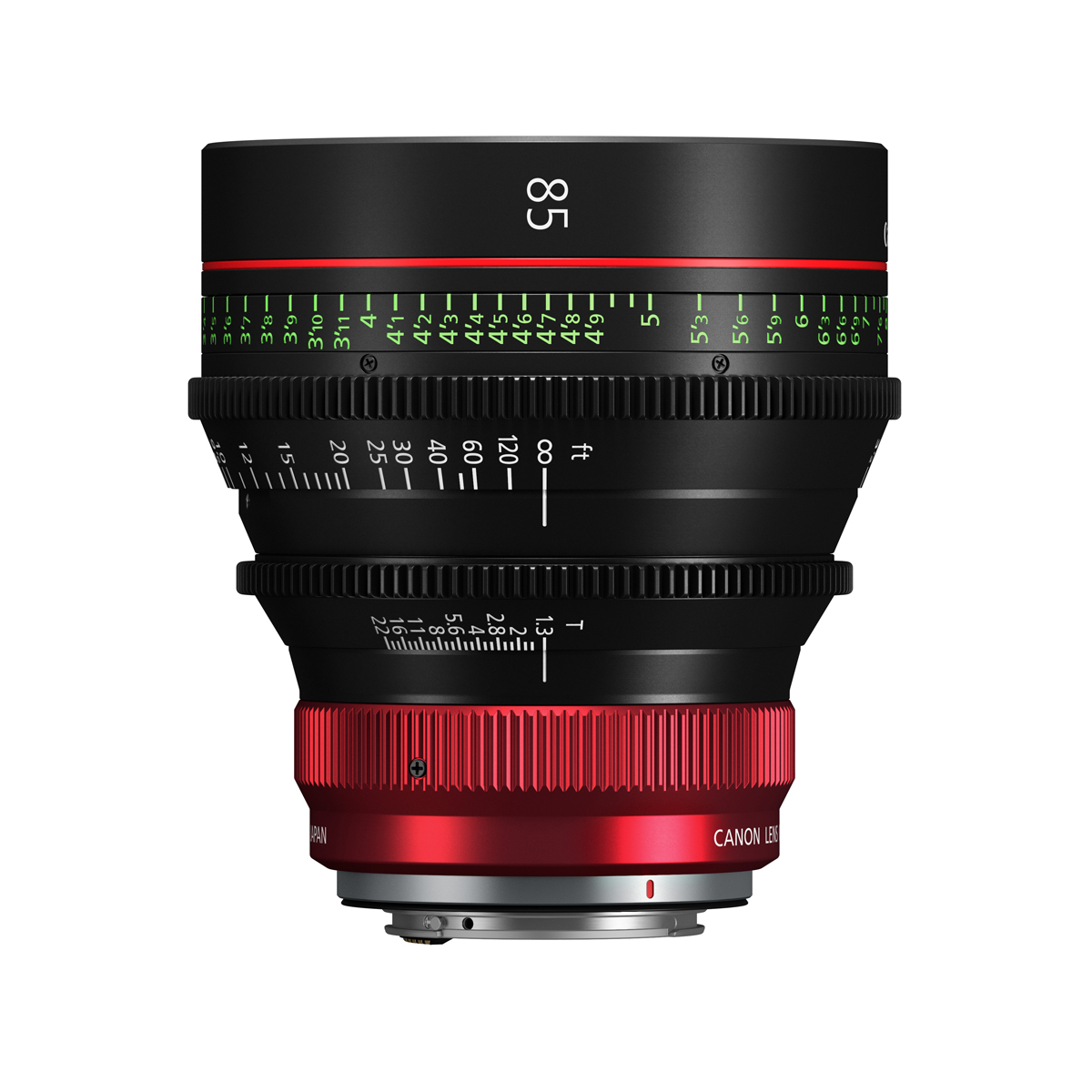 Canon CN-R 85mm T1.3 L F Cine-Objektiv in Seitenansicht mit Fokus-, Blendenring und RF-Bajonett
