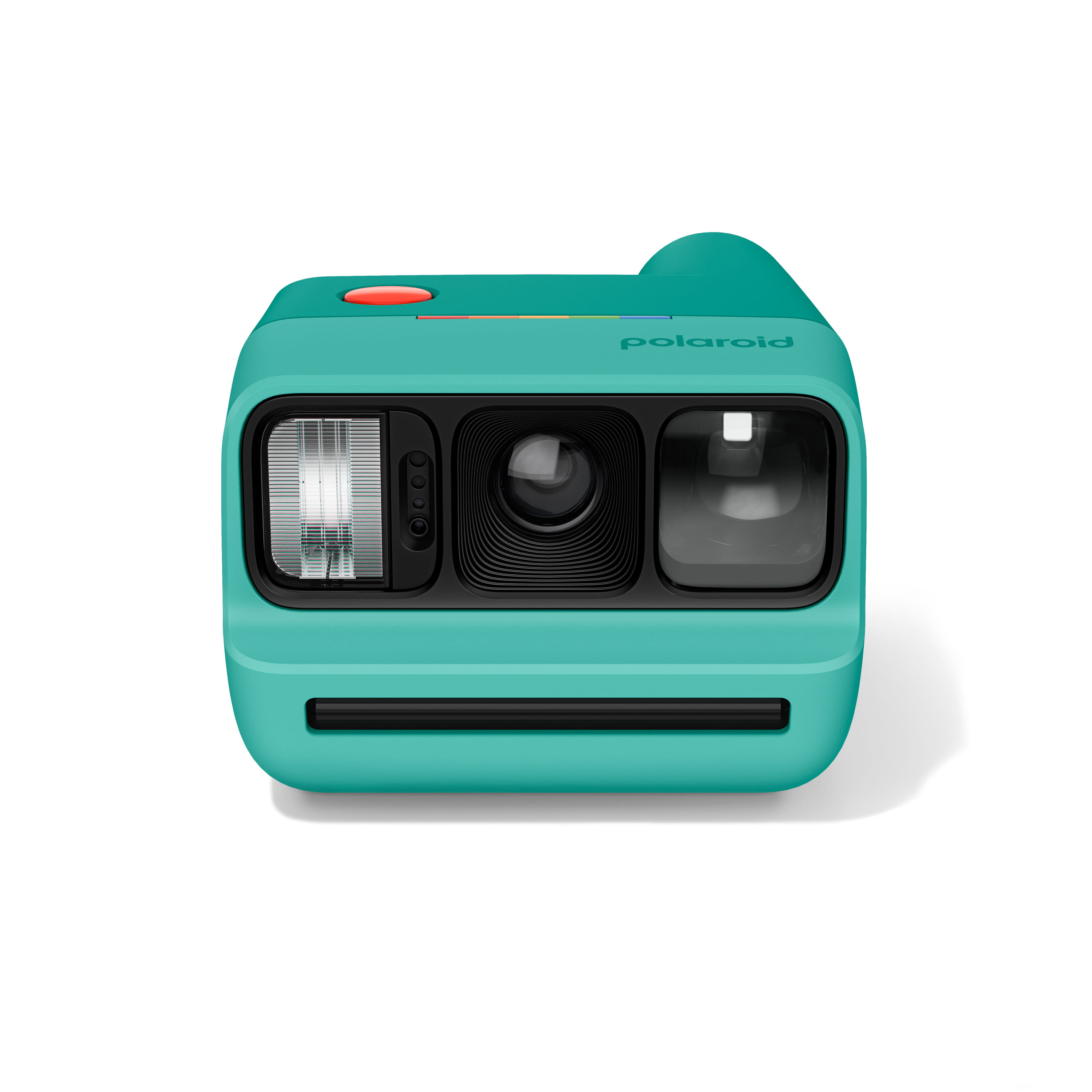 Polaroid Go Generation 3 in Türkis in frontaler Ansicht mit Objektiv, Blitz und Filmausgabe