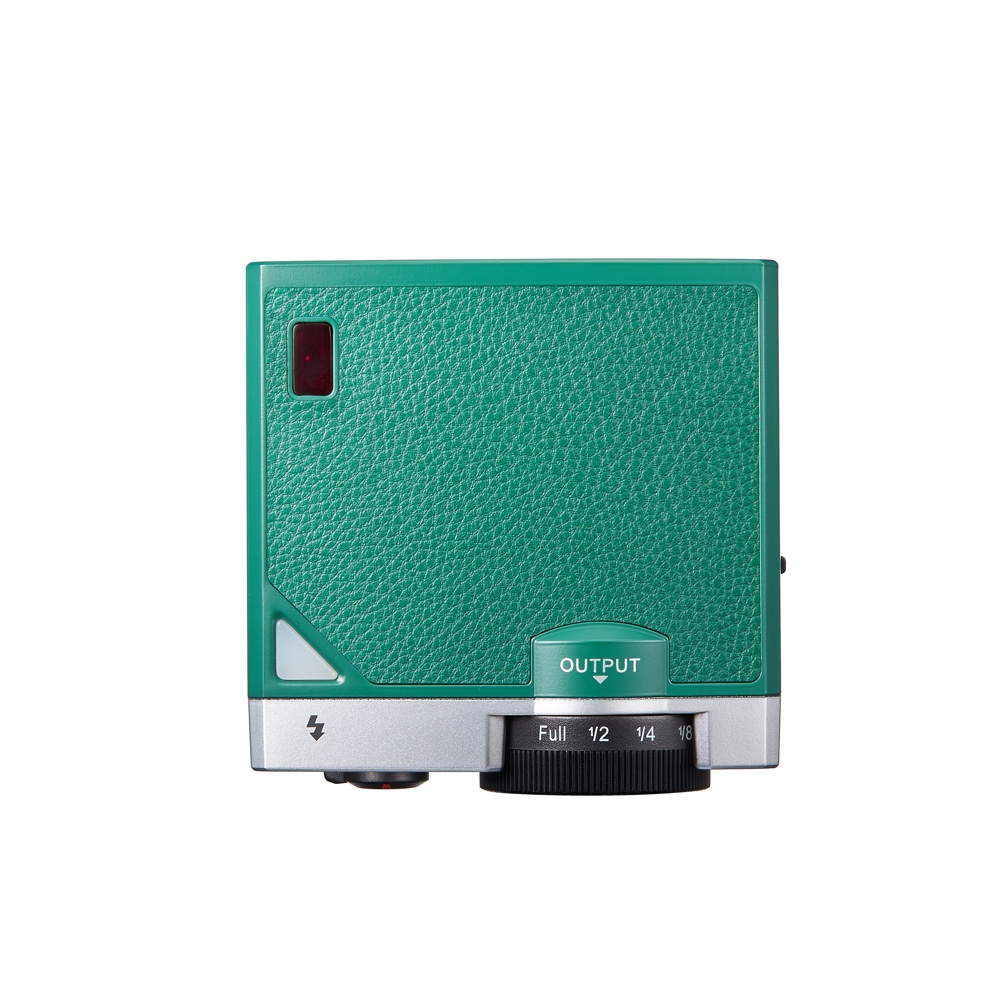 Godox Lux Junior Blitzgerät in Grün – Rückseite mit strukturierter Oberfläche und Output-Regler für Blitzleistung