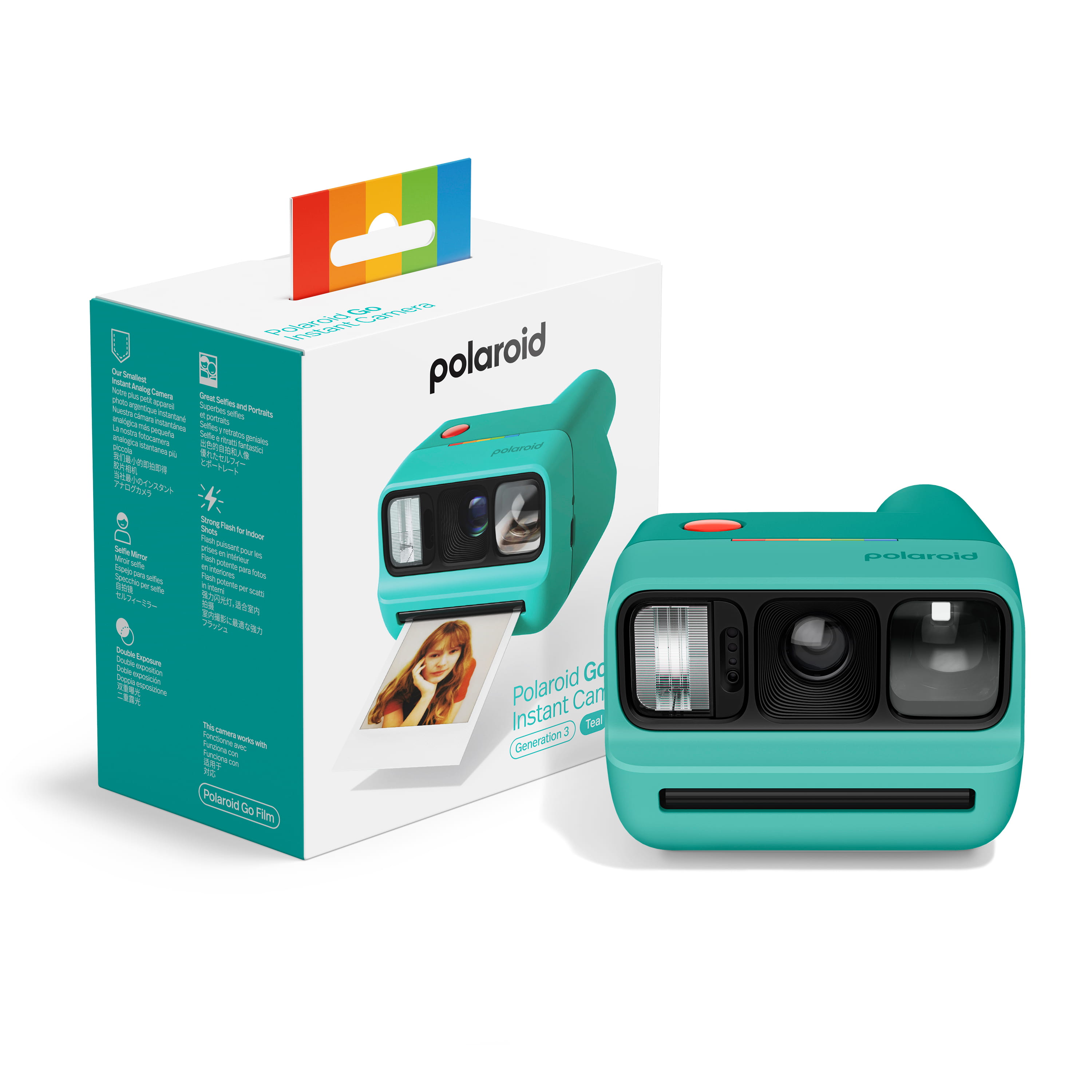 Polaroid Go Generation 3 in Türkis mit Verpackung und Lieferumfang, kompakte Sofortbildkamera im Set