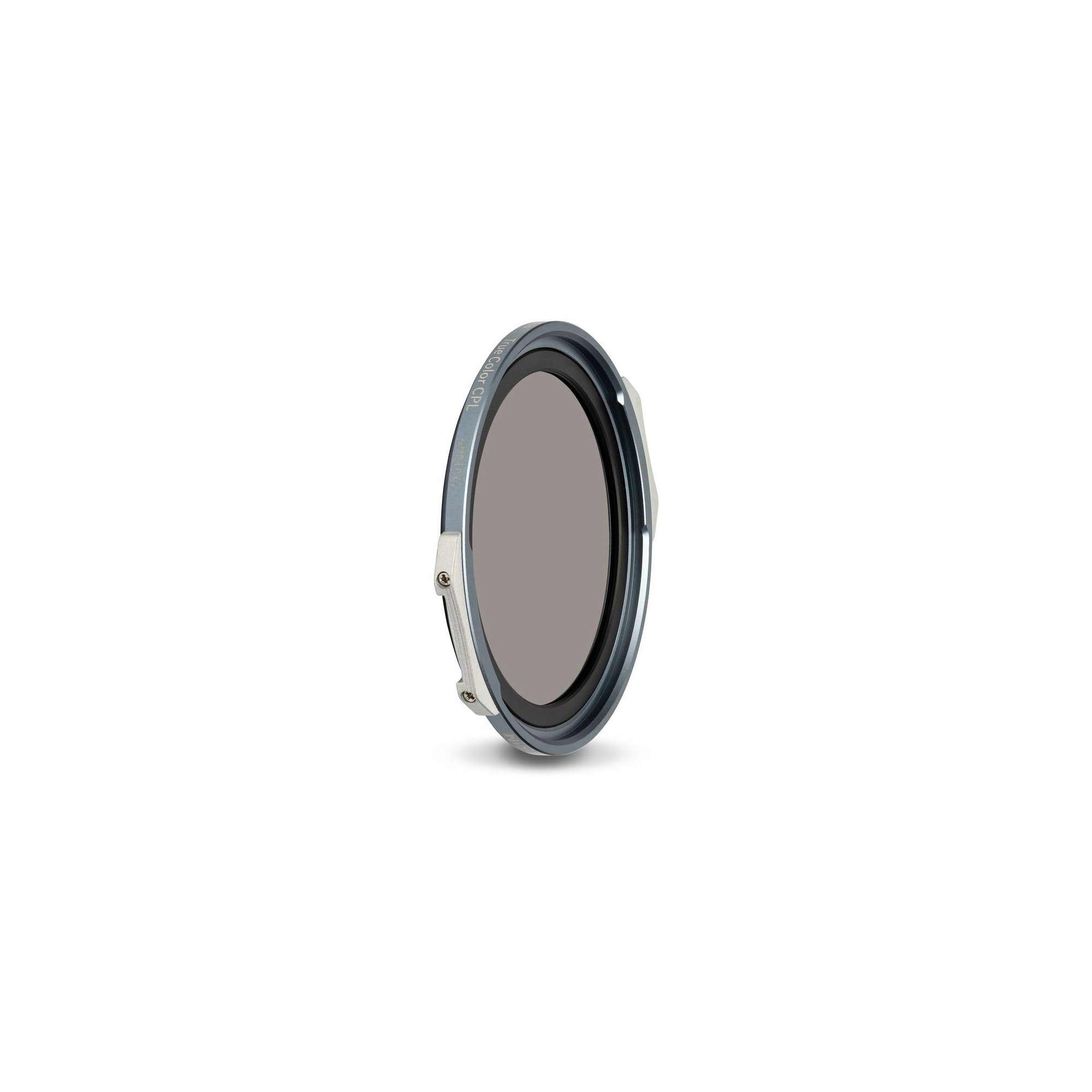 NiSi JetMag Pro True Color CPL Filter (49MAG) in aufrechter Schrägansicht mit magnetischem Rahmen.