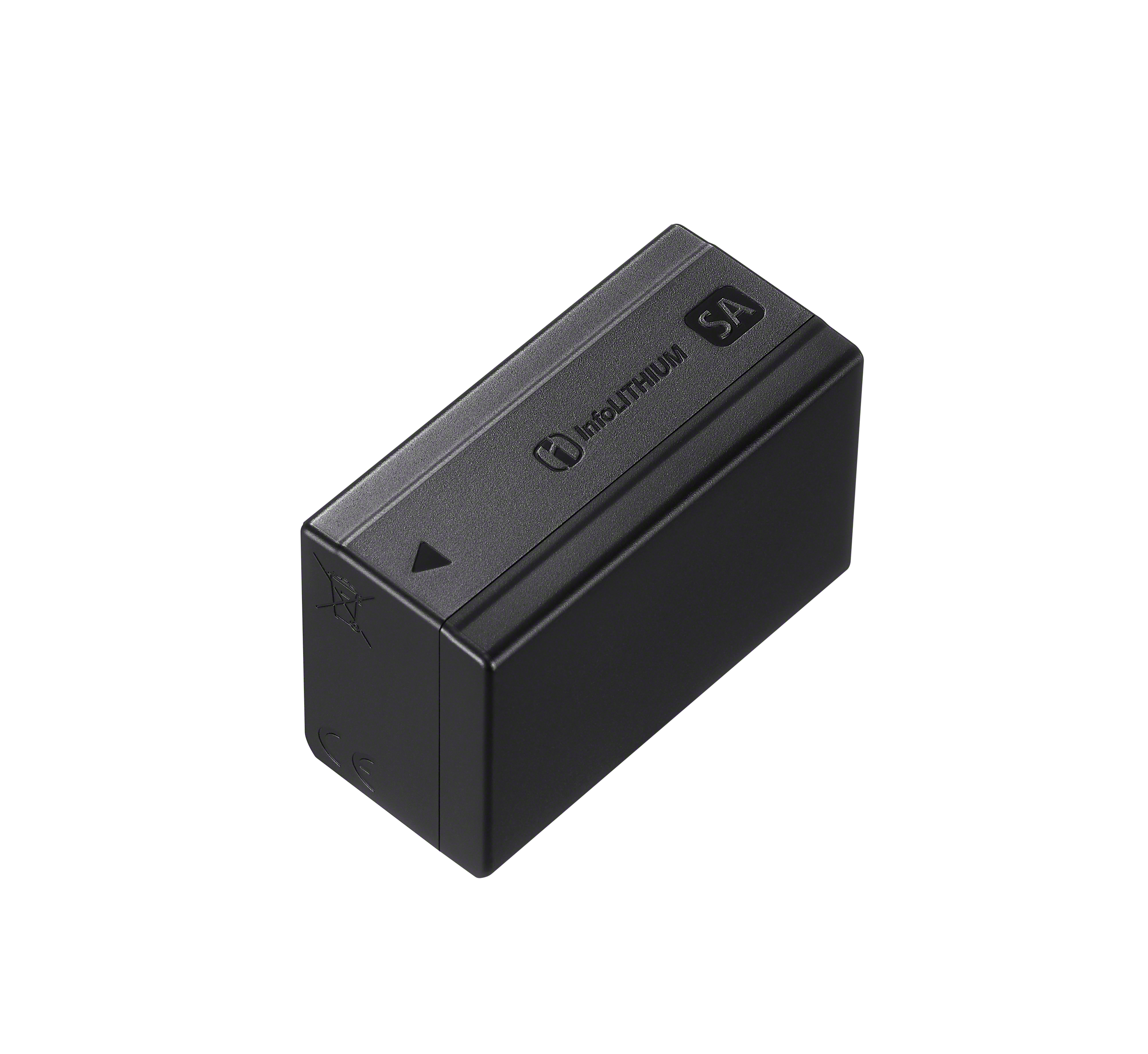 Sony NP-SA100 Lithium-Ionen-Akku in schräger Produktansicht mit Kontaktseite und Gehäusedetails
