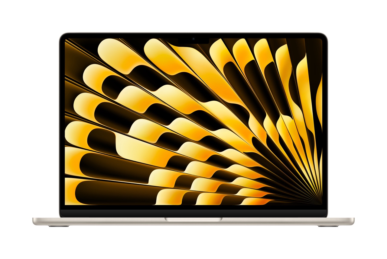 Apple MacBook Air M3 13 Zoll in Polarstern Frontal mit aufgekapptem Bildschirm