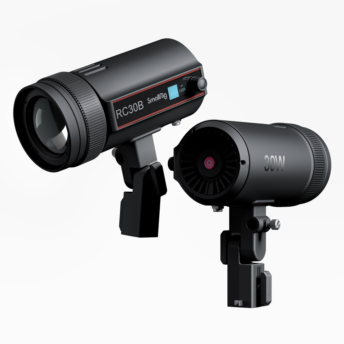 SmallRig RC 30B COB LED Videolicht – Vorder- und Rückansicht mit Linse und Lüftereinheit im Vergleich