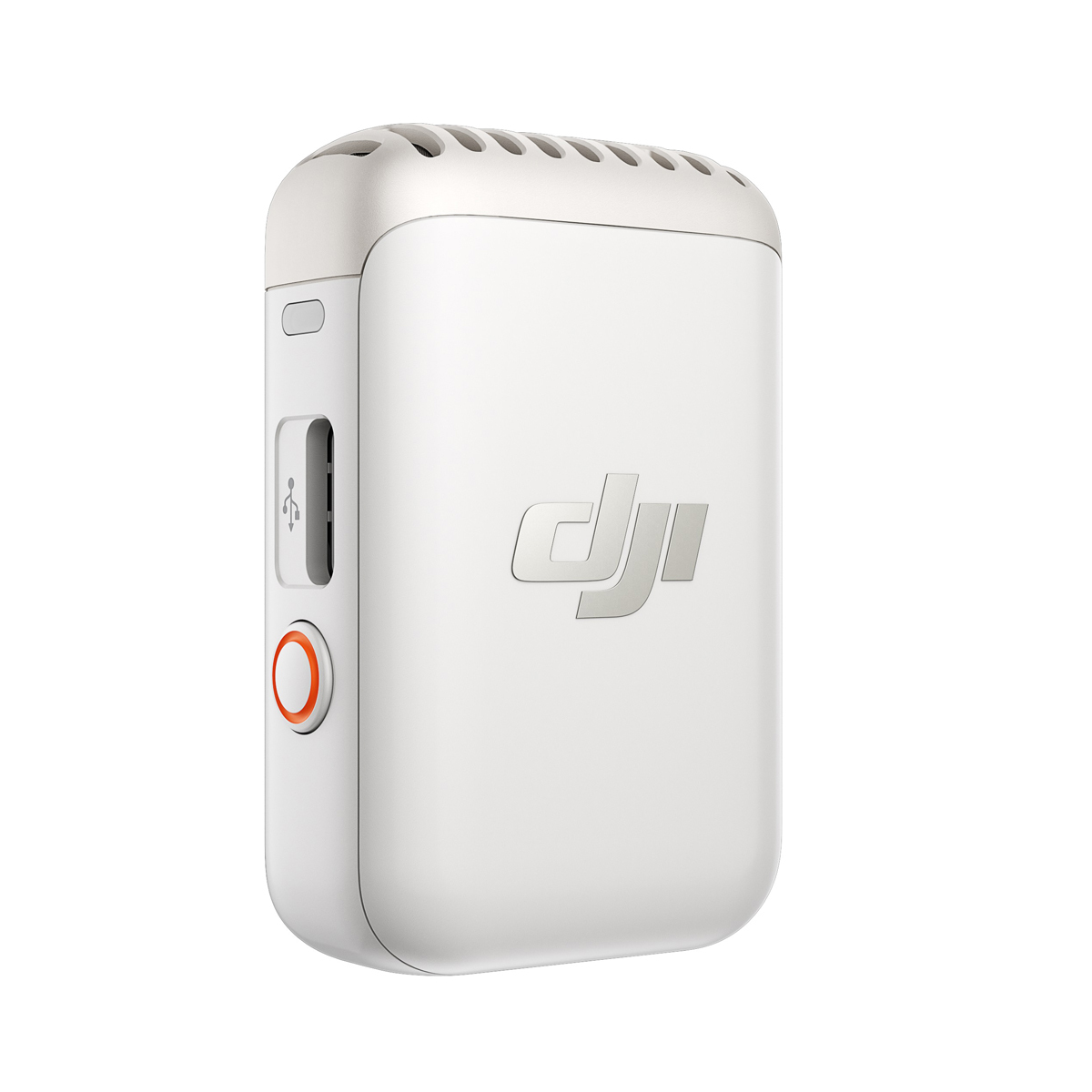 DJI Mic 2 Sender in Pearl White in schräger Ansicht mit Gehäuse, Lüftungsschlitzen und seitlichem Anschluss
