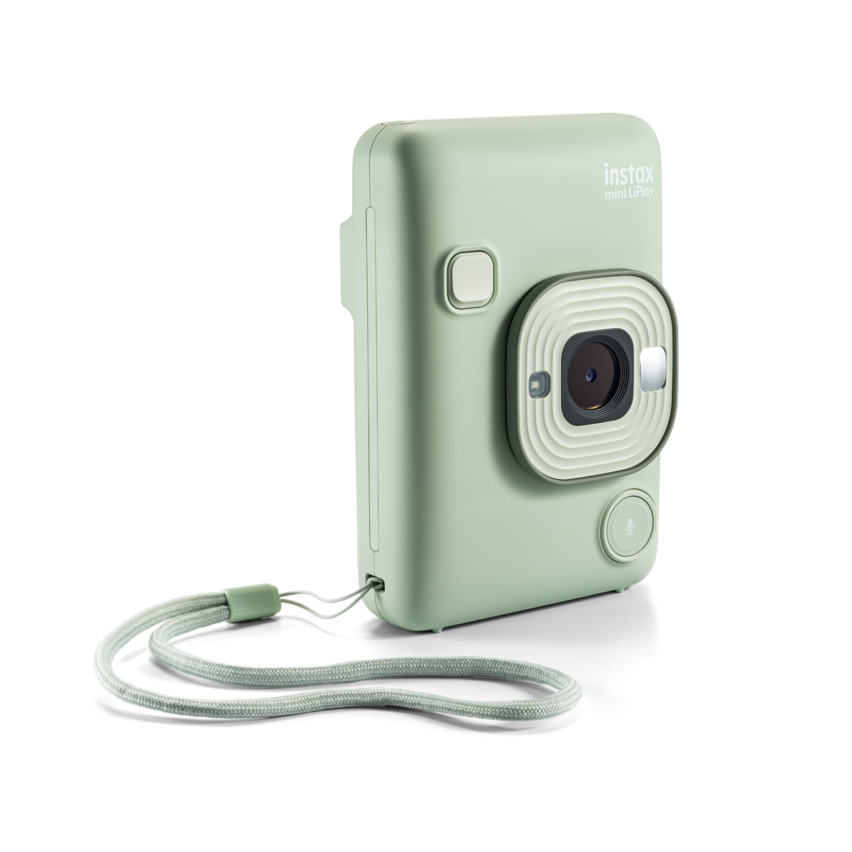 Fujifilm Instax Mini LiPlay Matcha Green – schräge Vorderansicht mit Objektiv, Auslöser und Handschlaufe