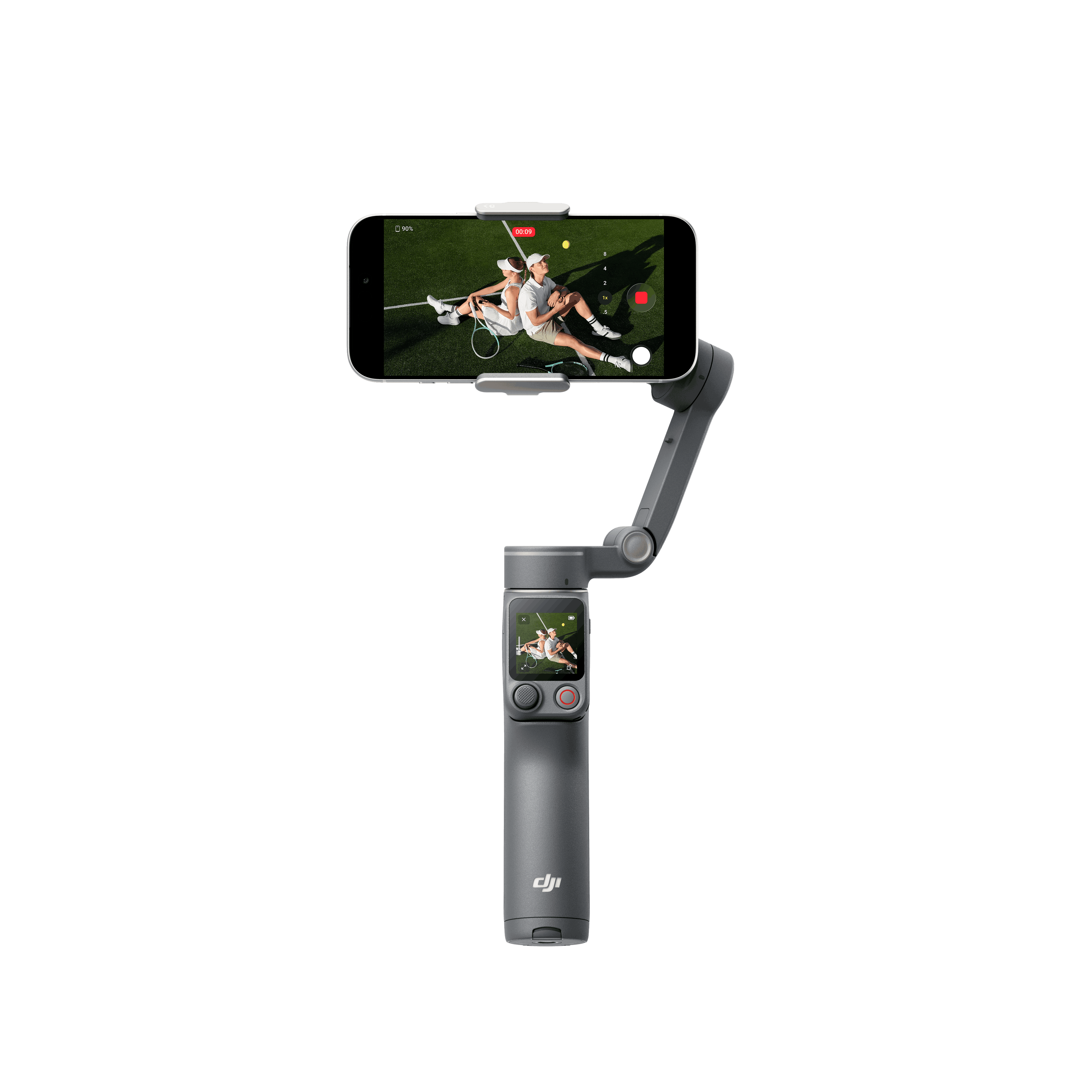 DJI Osmo Mobile 8P Smartphone-Gimbal in Vorderansicht mit montiertem Smartphone und Display