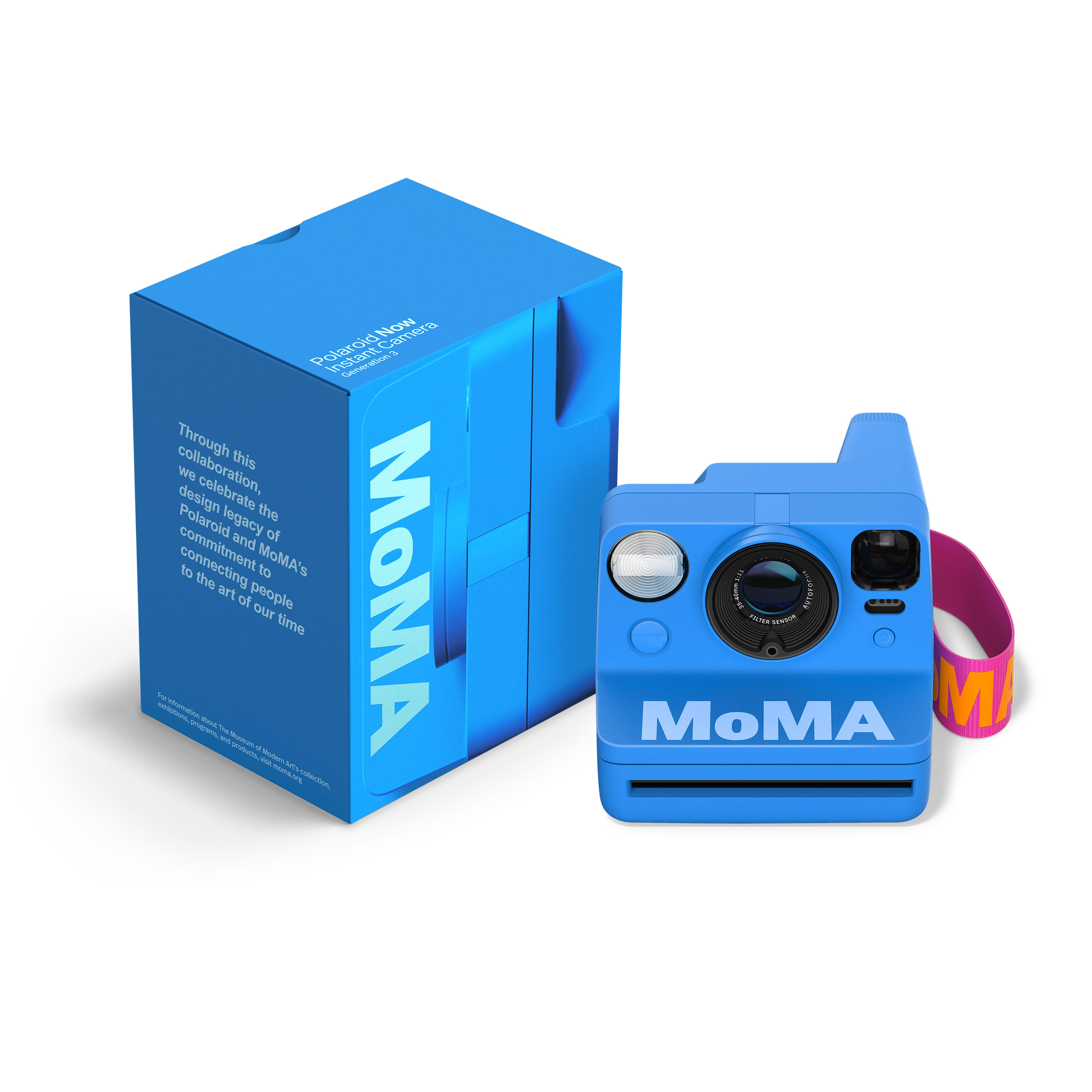 Polaroid Now Generation 3 MoMA Edition – Kamera mit Verpackung und farbigem Trageriemen im Set