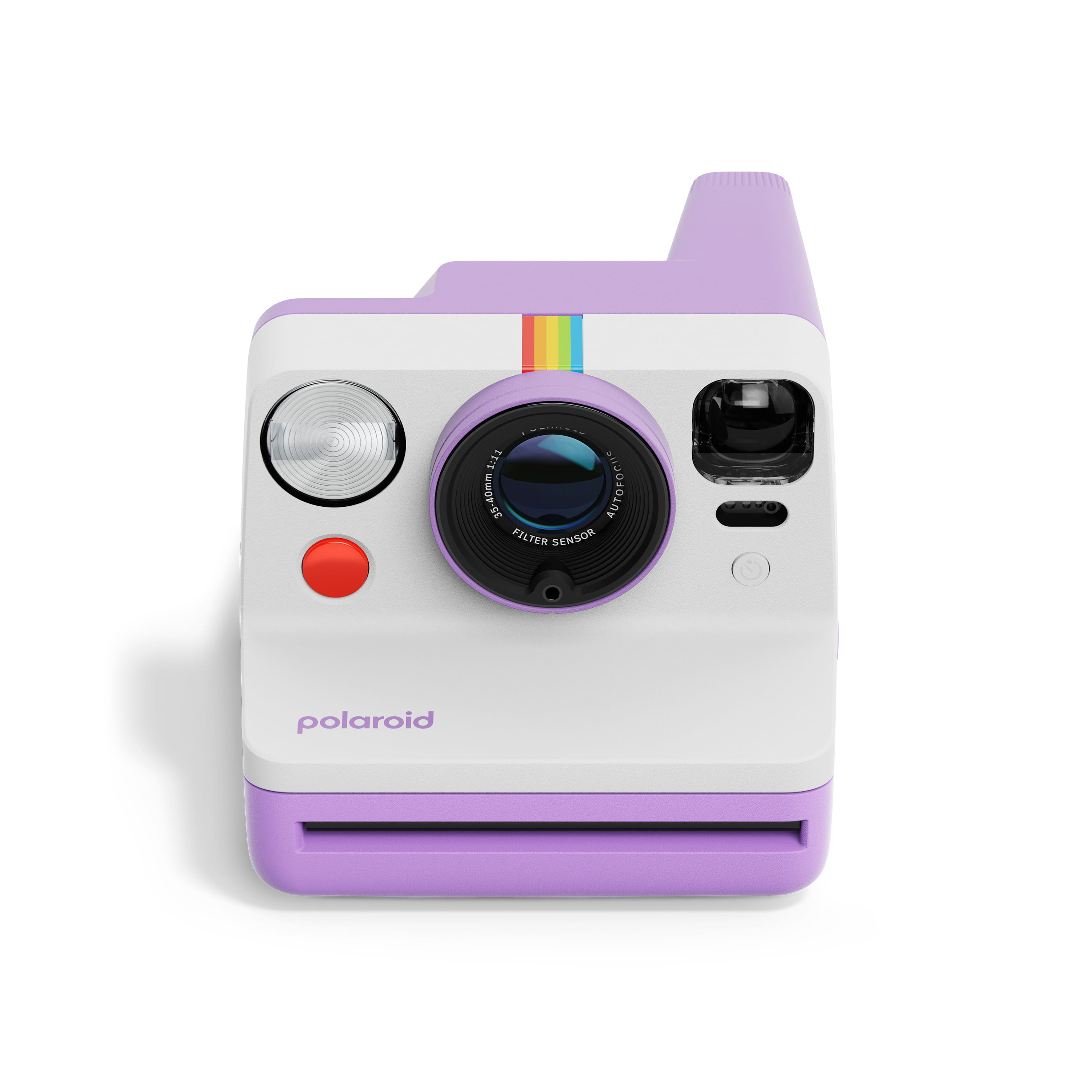 Polaroid Now Gen 3 violett– Vorderansicht mit Objektiv, Blitz, Auslöser und Filmausgabeschlitz