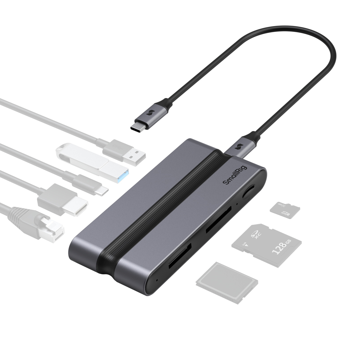 SmallRig CFexpress Typ A Dockingstation – Anschlüsse und kompatible Schnittstellen mit Speicherkarten und Kabeln dargestellt