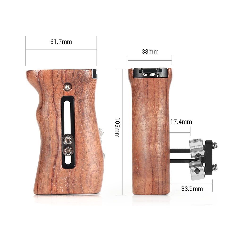 SmallRig HSN2093C Holzgriff – Vorder- und Seitenansicht mit Maßangaben zu Höhe, Breite und Einstellbereich