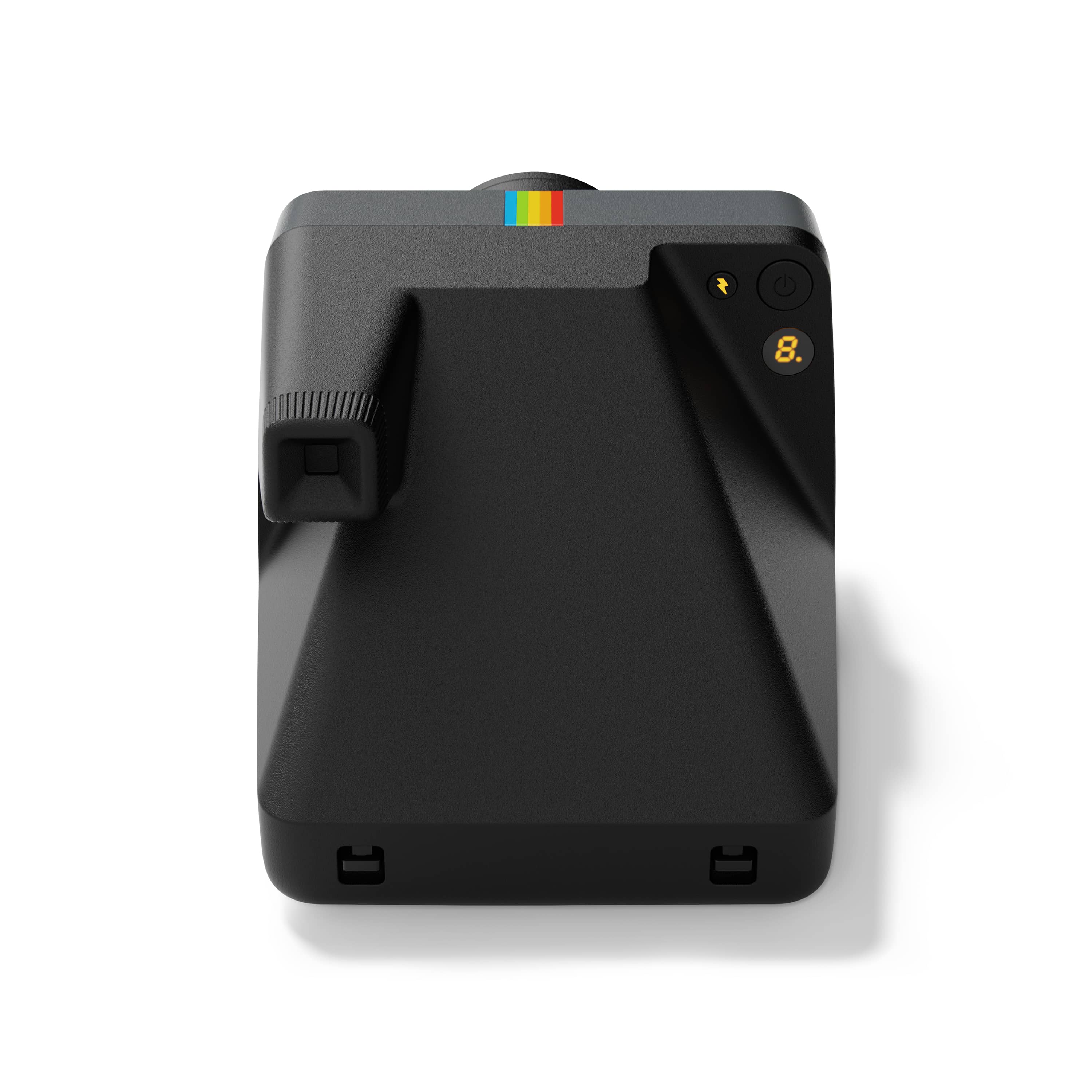 Polaroid Now Gen 3 schwarz – Draufsicht mit Auslöser, Anzeigeelementen und farbigem Streifen oben