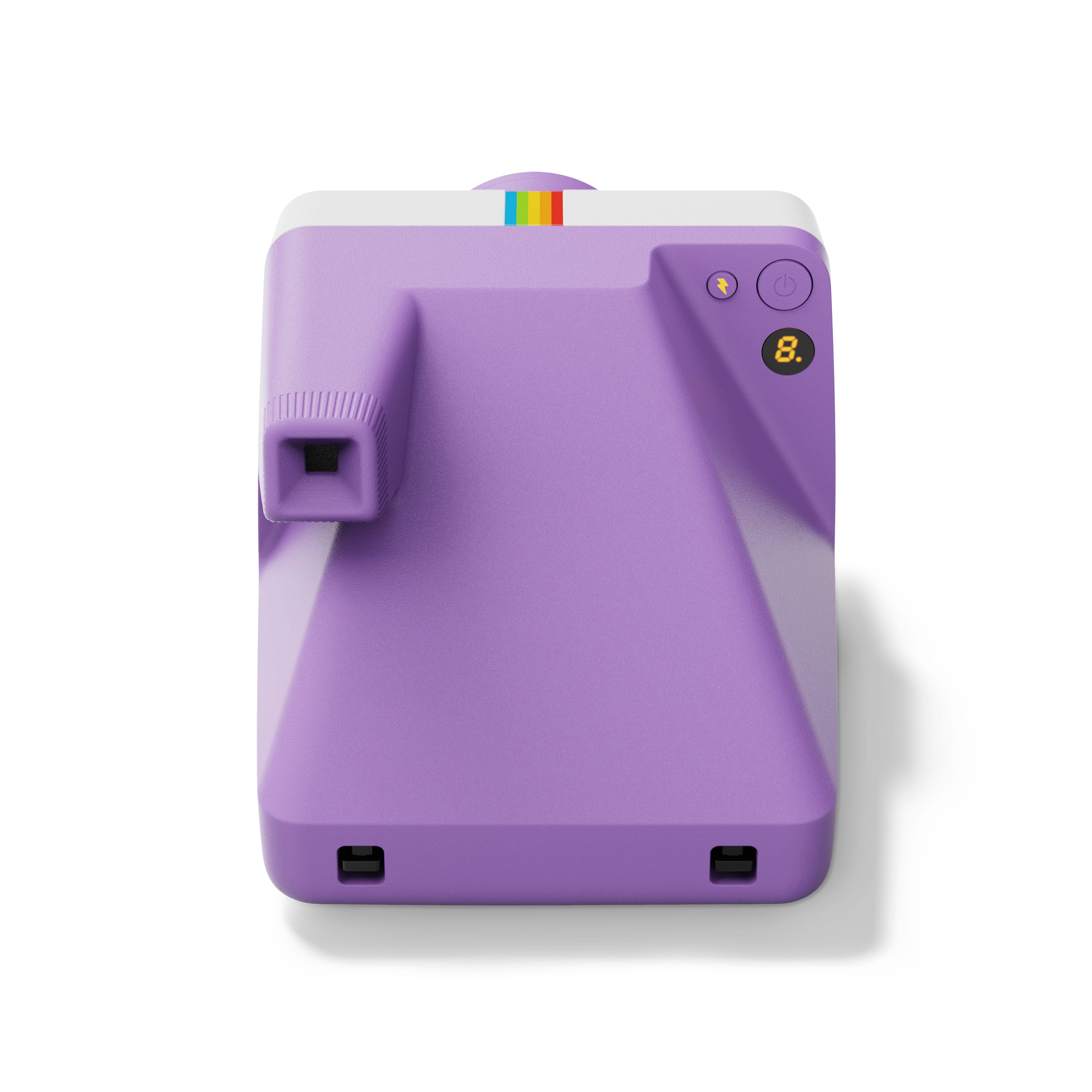 Polaroid Now Gen 3 violett– Draufsicht mit Auslöser, Anzeigeelementen und farbigem Streifen oben