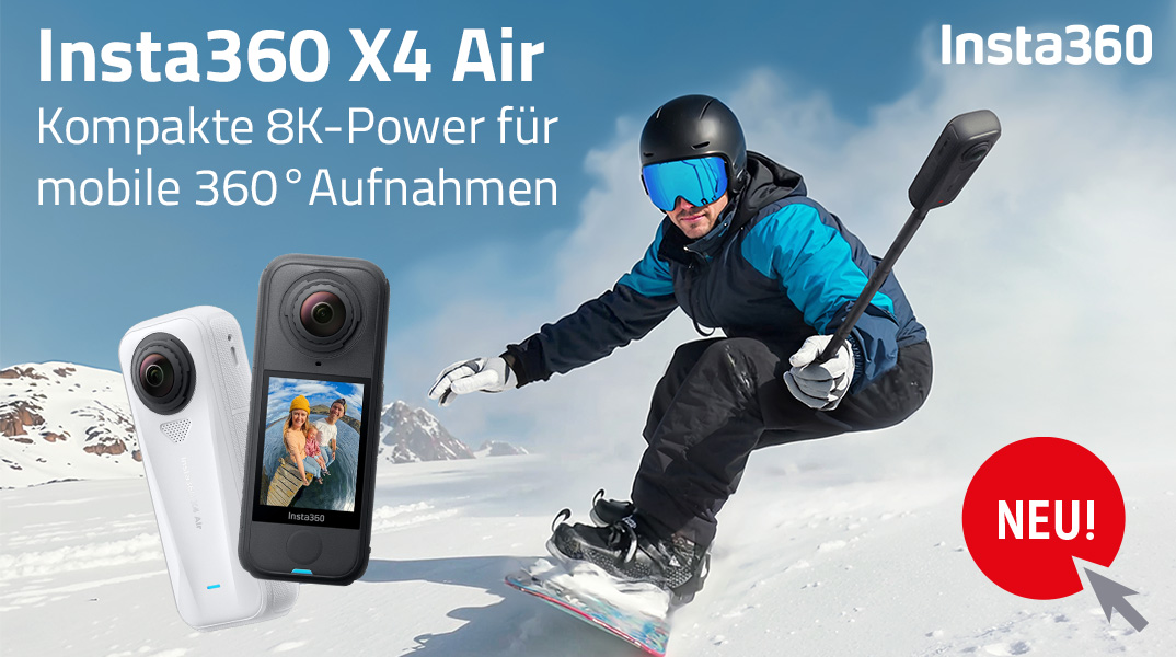 Insta360 X4 Air Actionkamera mit Display, Snowboarder mit Selfie-Stick bei Aufnahme im Schnee