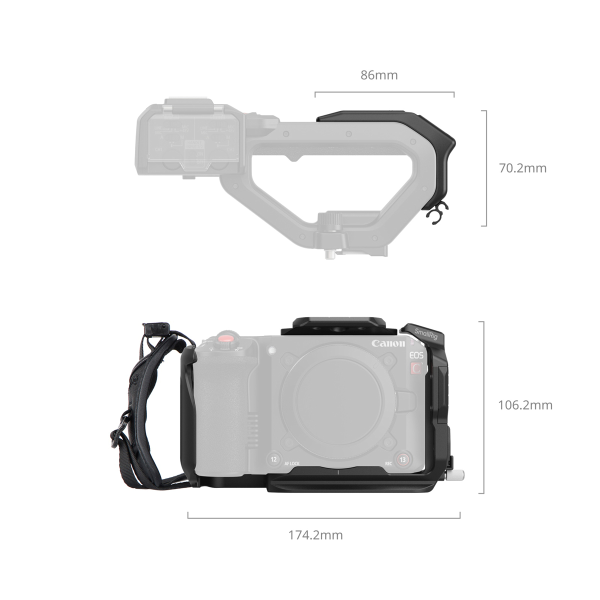 SmallRig 5657 Cage Kit für Canon EOS C50 mit eingezeichneten Abmessungen von Griff, Cage und Bodenplatte