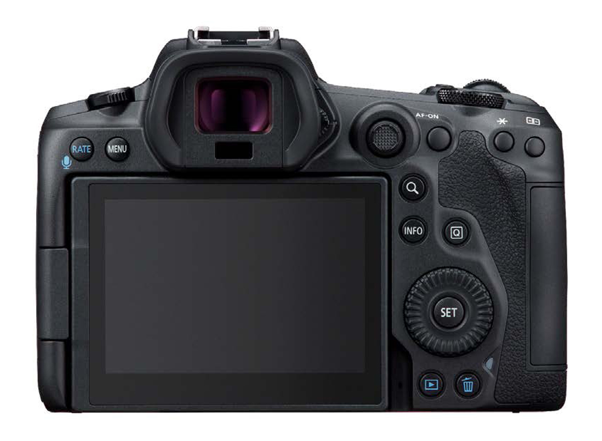Canon EOS R5 Gehäuse Rückseite mit Display, elektronischem Sucher und Bedienelementen