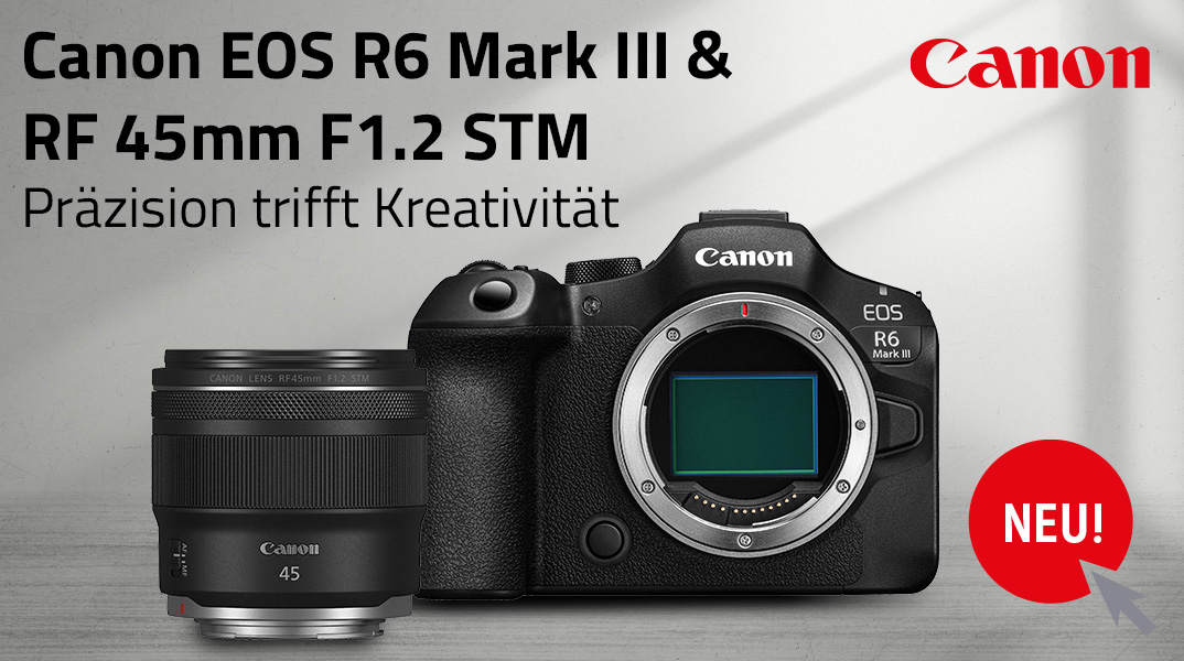 Canon EOS R6 Mark III mit RF 45mm F1.2 STM Objektiv auf grauem Hintergrund, Präsentation des neuen Modells