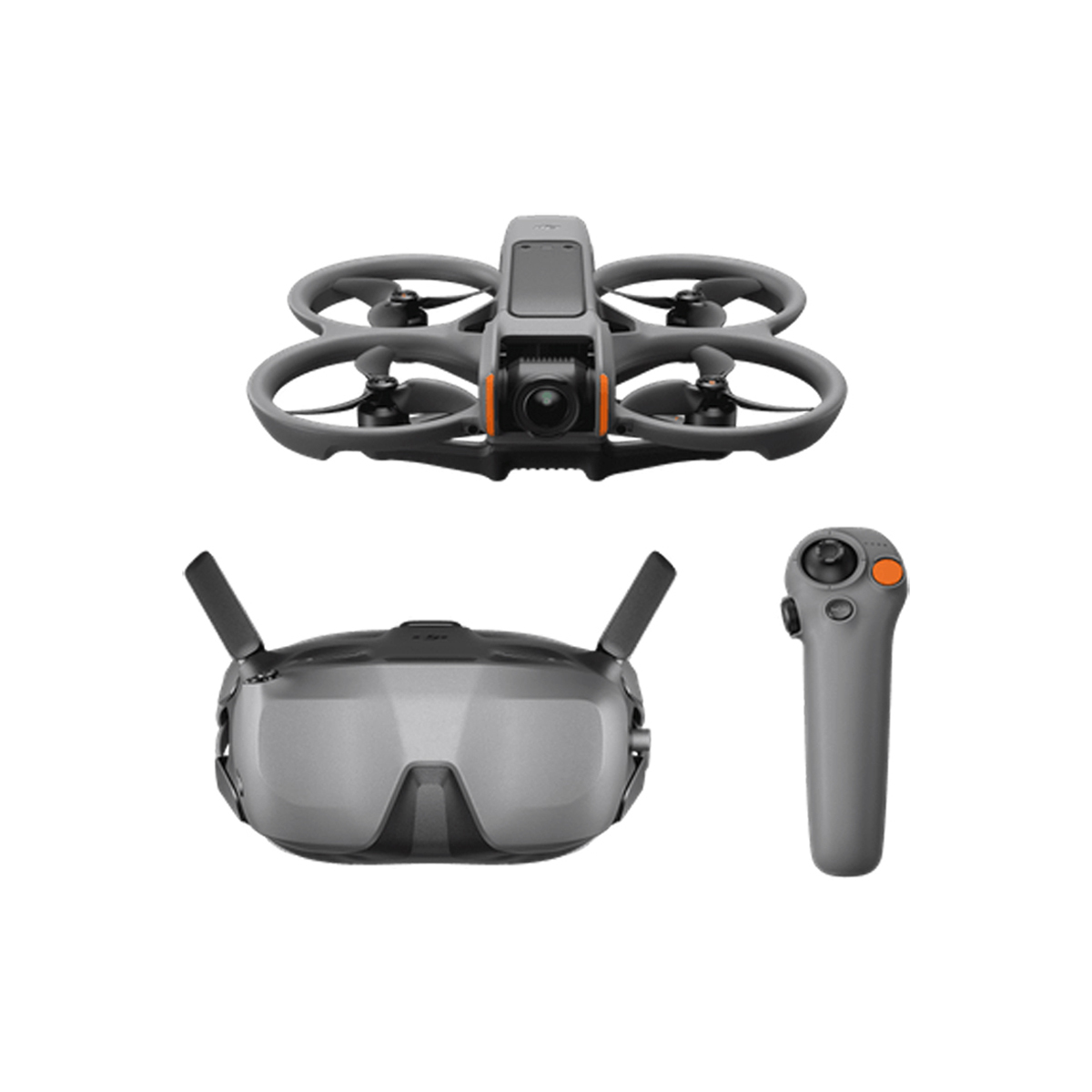 DJI Avata 2 Fly More Smart Combo – Vorderansicht der FPV-Drohne mit integrierter Kamera und Propellerschutz