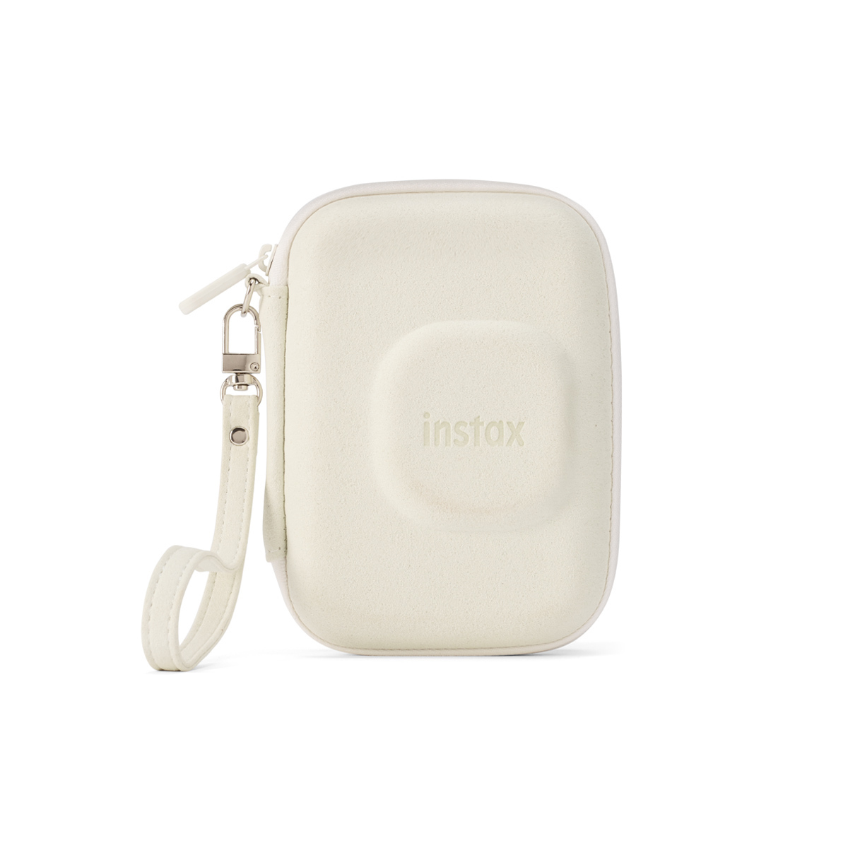 Fujifilm Instax Mini LiPlay Case Misty White – Vorderansicht der Schutzhülle mit Reißverschluss und Handschlaufe