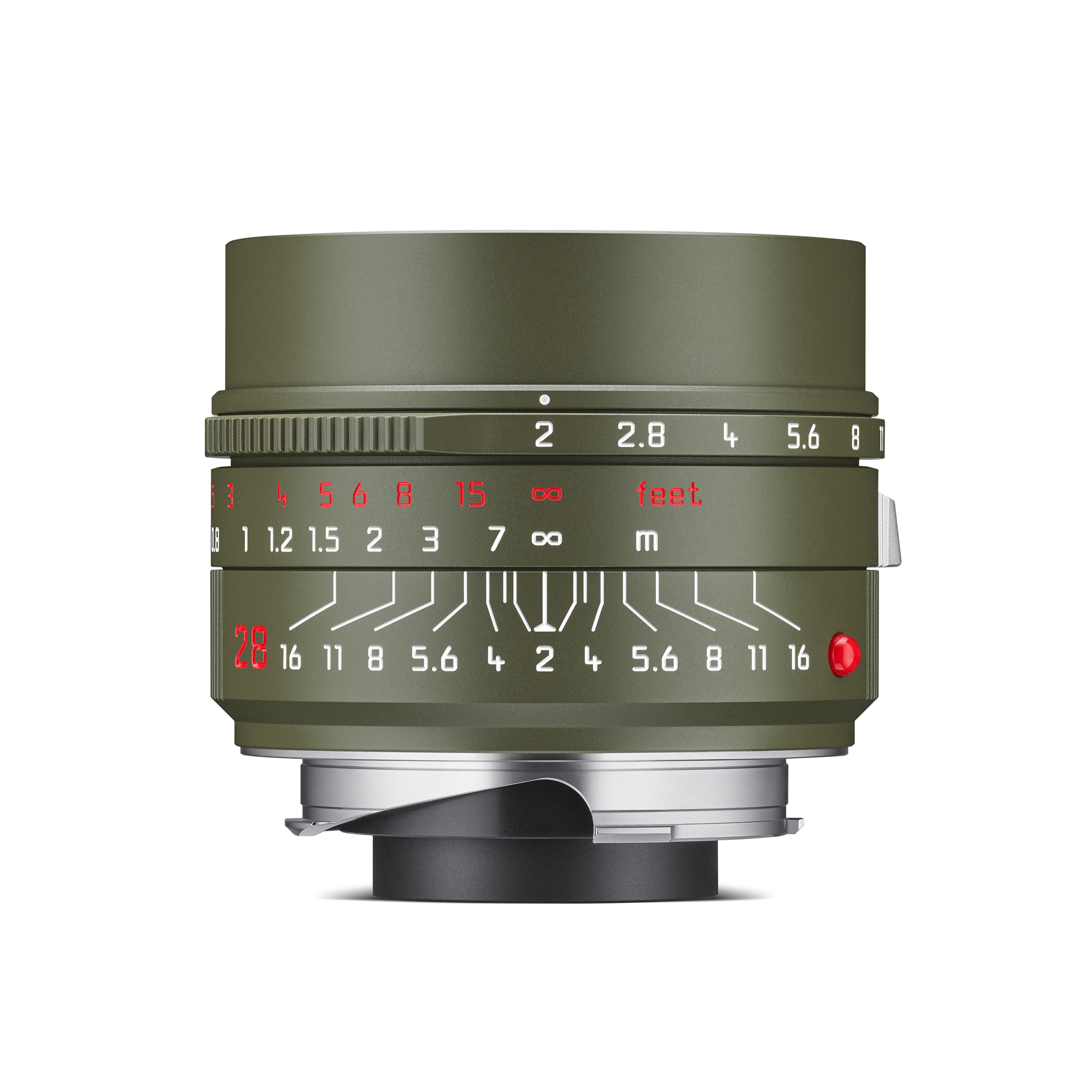 Summicron-M 28mm F2 ASPH. Safari (Olivgrün) – Leica M-Mount Leica Summicron-M 28 F2 ASPH Safari – Seitenansicht des Objektivs mit Entfernungsskala, Blendenring und olivegrünem Gehäuse
