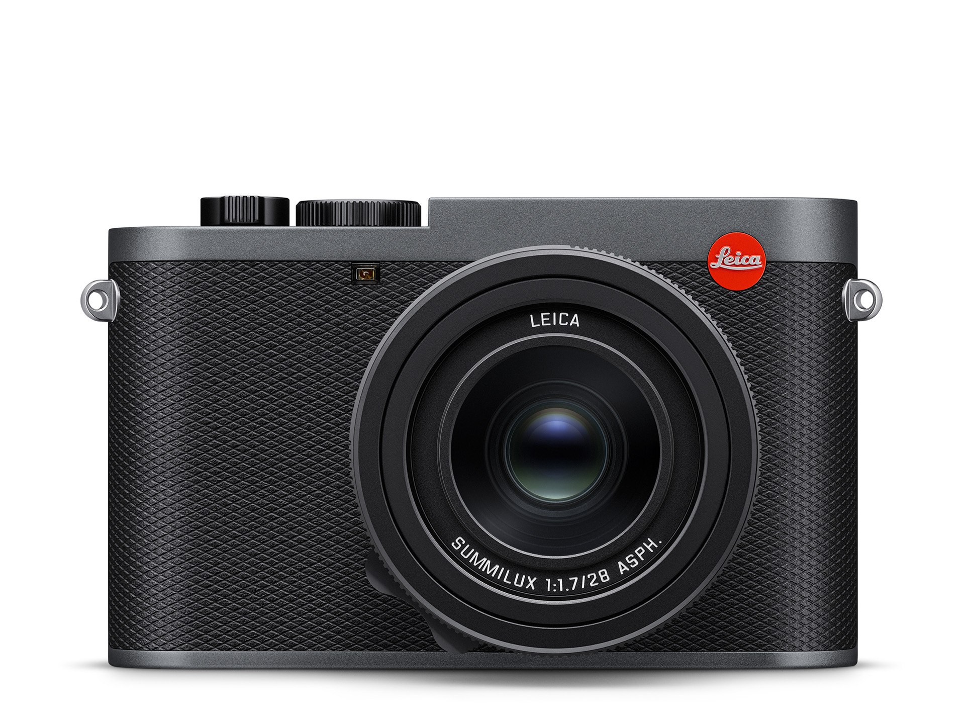 Vorderansicht der Leica Q3 in Metal Gray mit integriertem Summilux 28mm f/1.7 ASPH Objektiv
