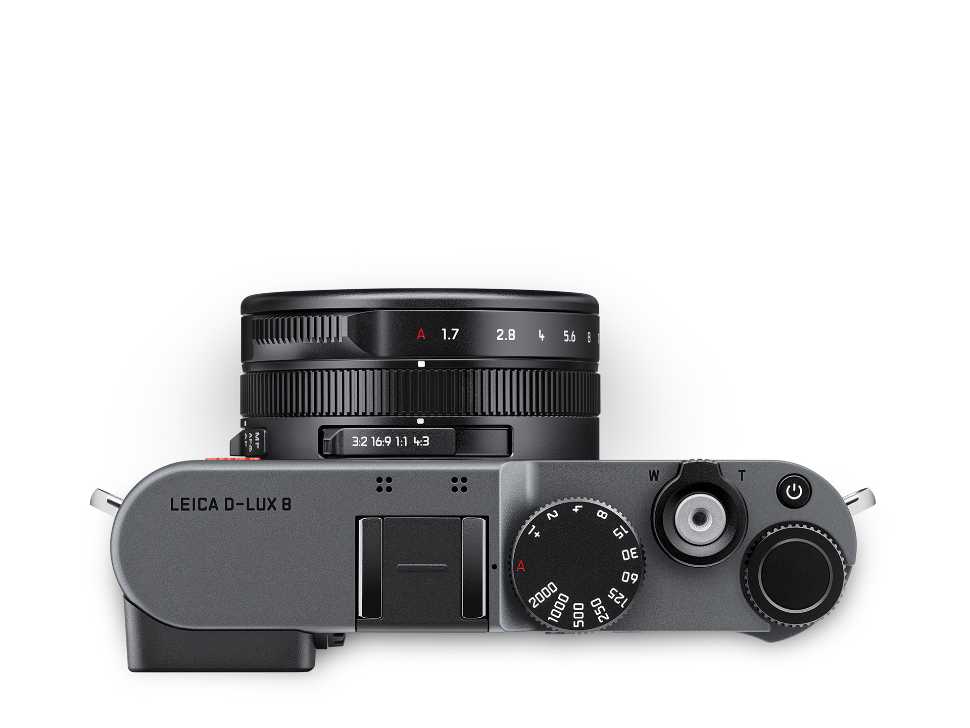 Leica D-Lux 8 Metal Gray – Draufsicht mit Einstellrädern, Auslöser und Zoomsteuerung der Kamera