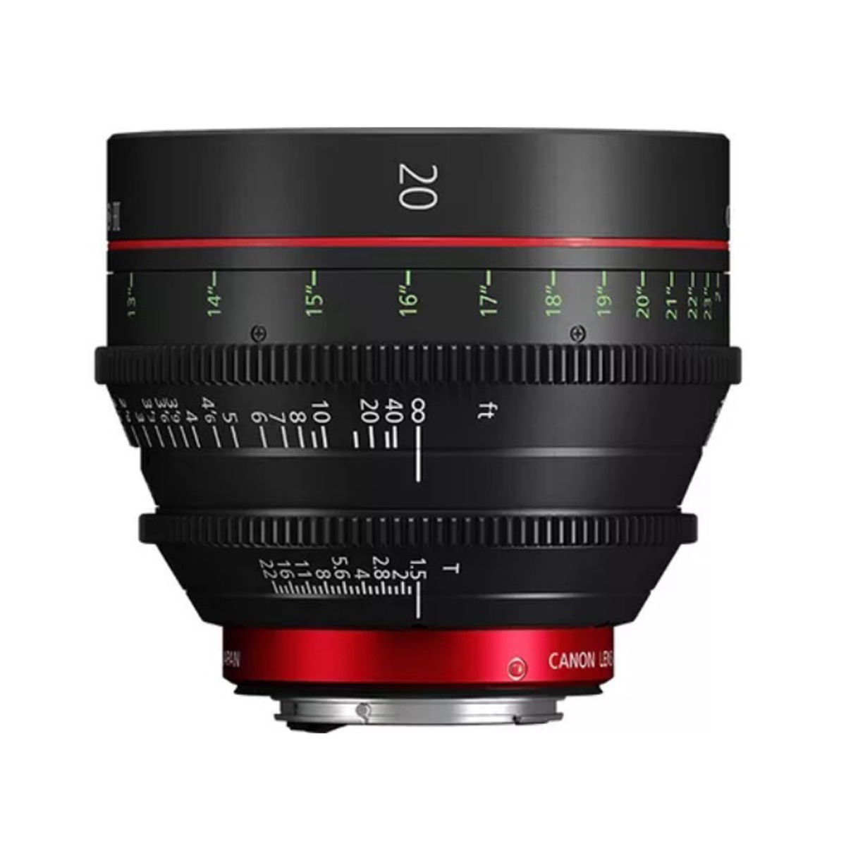 Canon CN-E 20 mm T1.5 L F Cine-Objektiv in Vorderansicht mit Fokus- und Blendenmarkierungen.