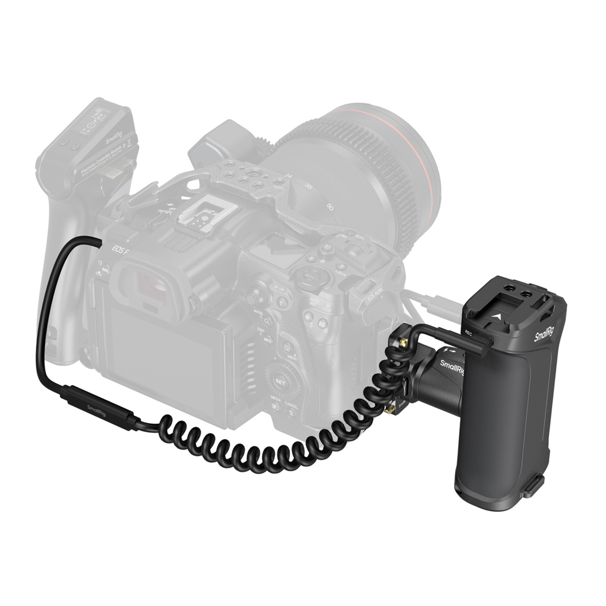 SmallRig 5235 Seitenhandgriff mit REC-Taste – montiert an Kamera mit Verbindungskabel zur Steuerung der Aufnahmefunktion