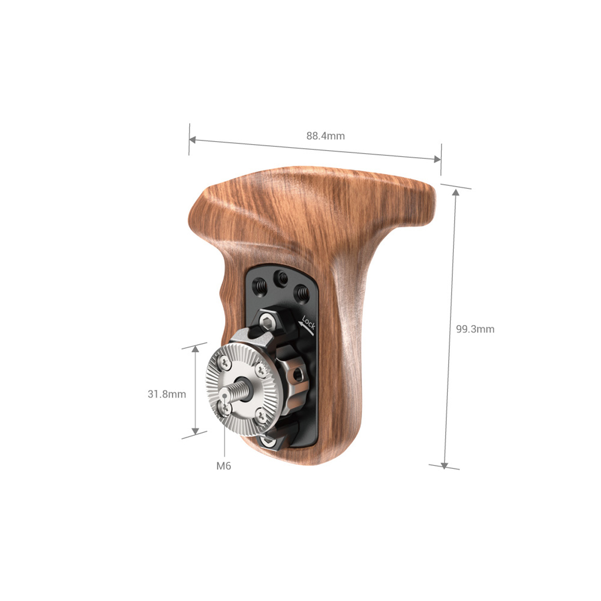 SmallRig 1941B Holzgriff rechts mit ARRI Rosette – Detailansicht mit Maßangaben und Rosettenanschluss