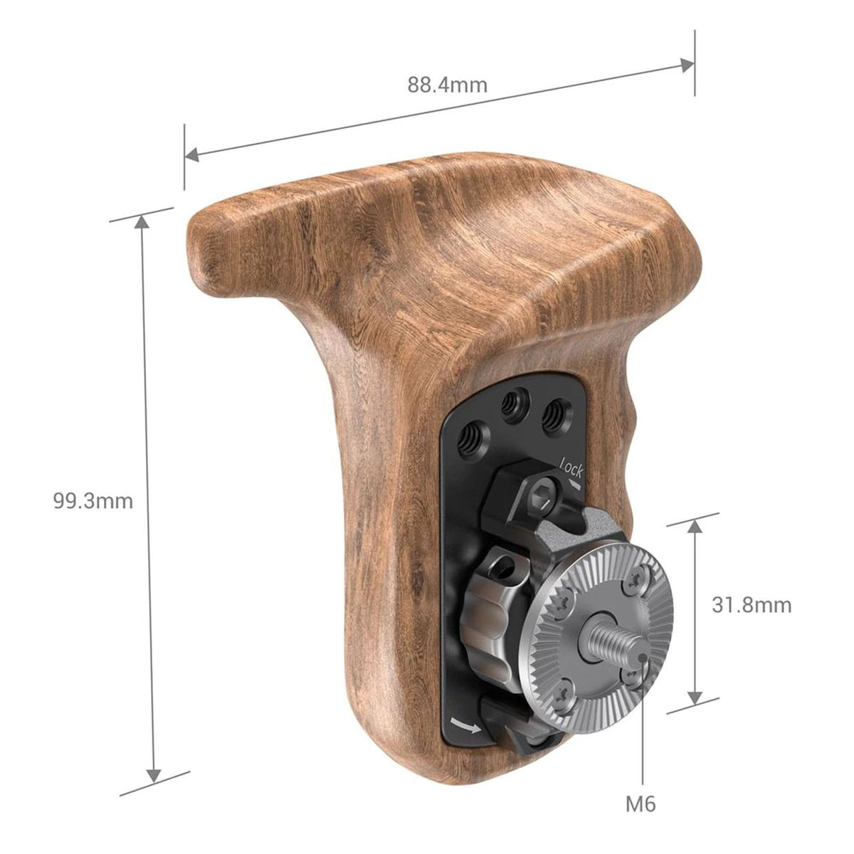 SmallRig 1891B Holzgriff links mit ARRI Rosette – Detailansicht der Rosettenhalterung mit Maßangaben und Befestigungspunkt