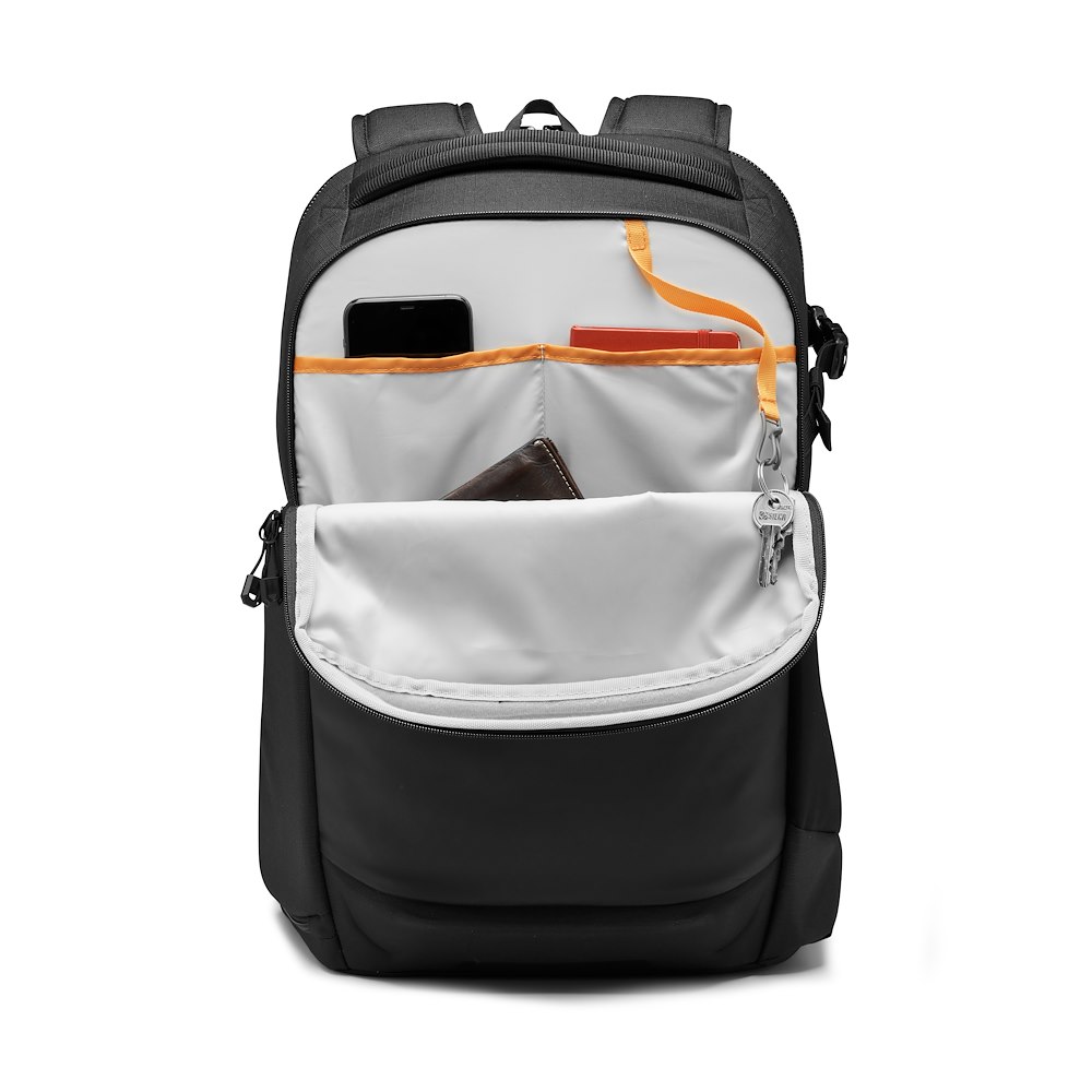 Lowepro Flipside BP 400 AW III mit geöffnetem Frontfach für persönliche Gegenstände wie Smartphone und Geldbörse