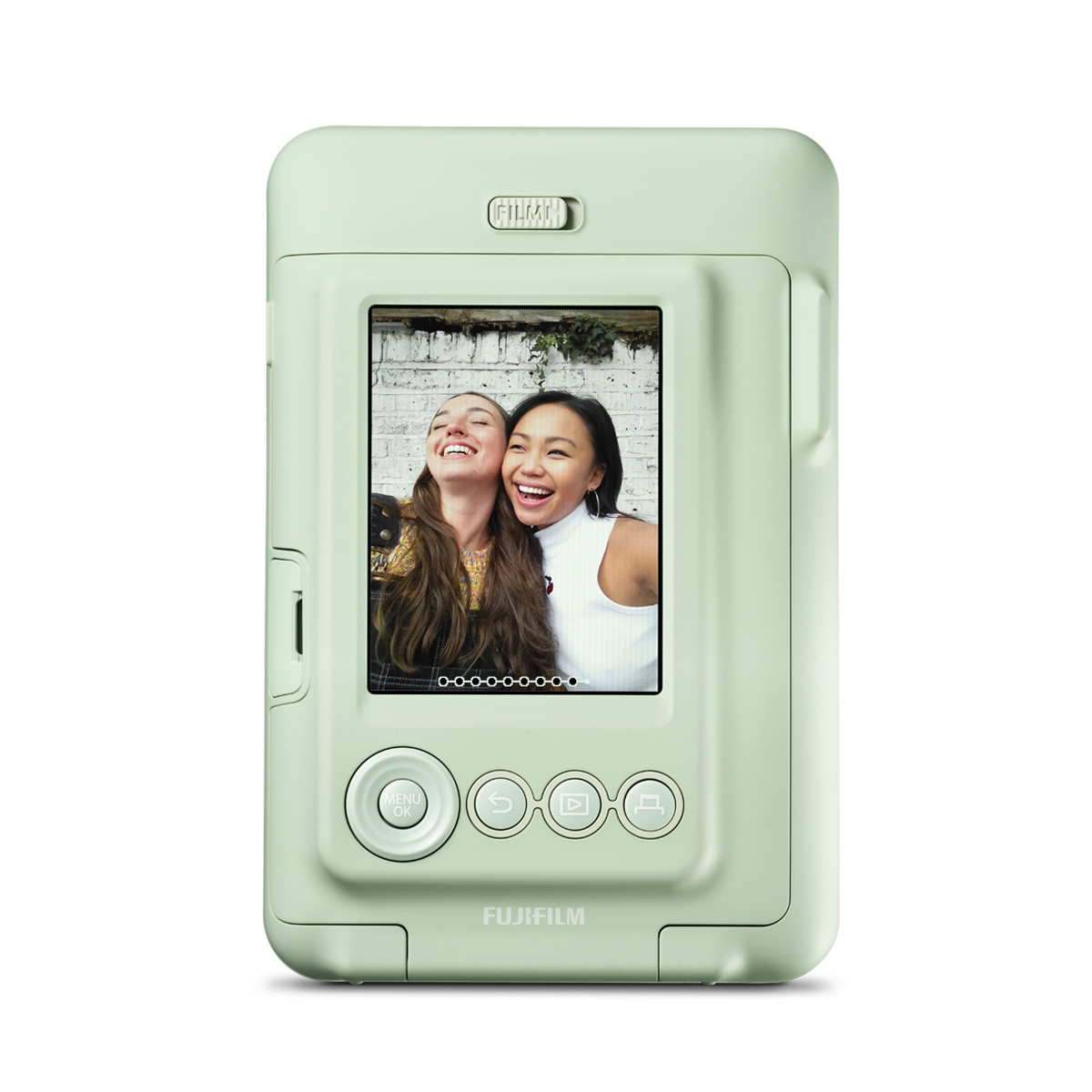Fujifilm Instax Mini LiPlay Matcha Green – Rückseite mit Display, Bedienelementen und angezeigtem Foto